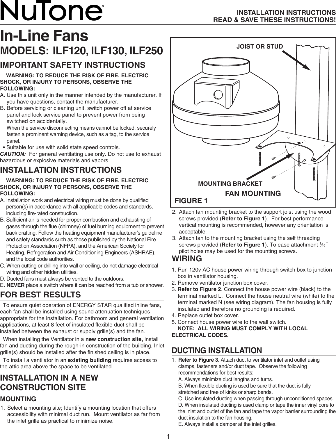 Nutone Ilfk Quick Start Guide Ilf