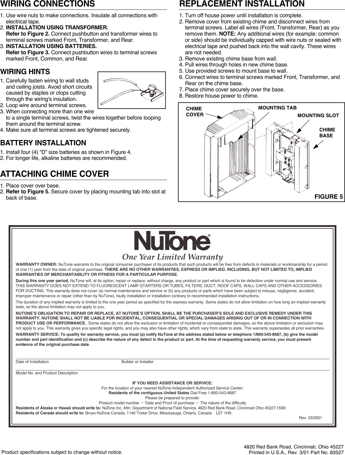 Page 2 of 2 - Nutone Nutone-La-107-Users-Manual- 83527~LA-107 -2 PGS  Nutone-la-107-users-manual