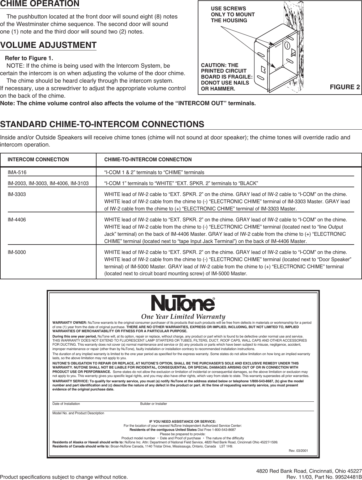 Page 2 of 2 - Nutone Nutone-La-174-Users-Manual- 99524481B~LA-174  Nutone-la-174-users-manual