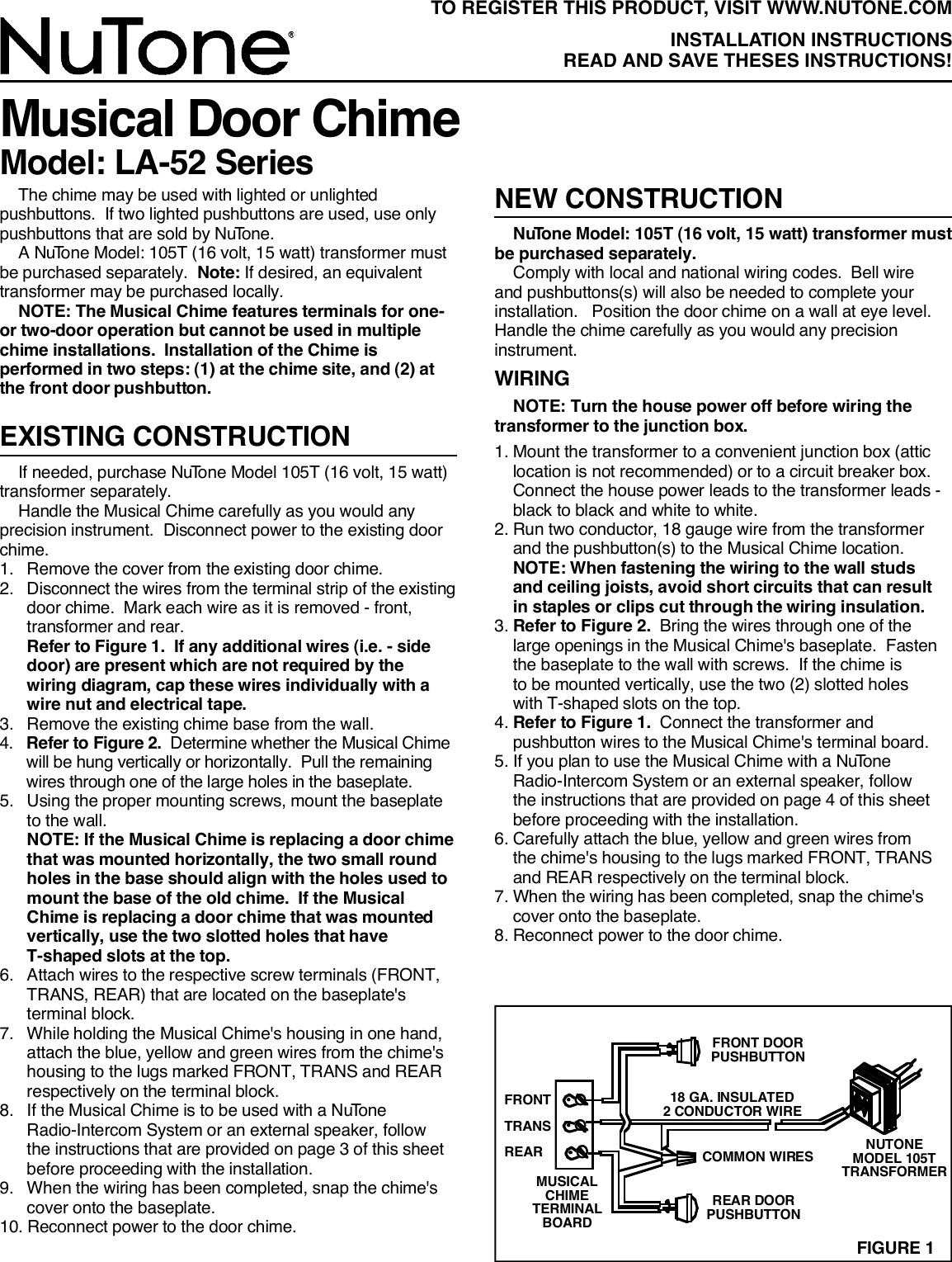 Page 1 of 12 - Nutone Nutone-La-52-Series-Users-Manual- LA-52 Ins 84316  Nutone-la-52-series-users-manual