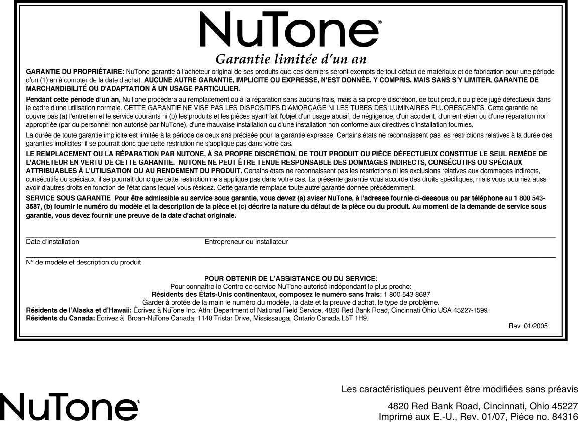 Page 12 of 12 - Nutone Nutone-La-52-Series-Users-Manual- LA-52 Ins 84316  Nutone-la-52-series-users-manual