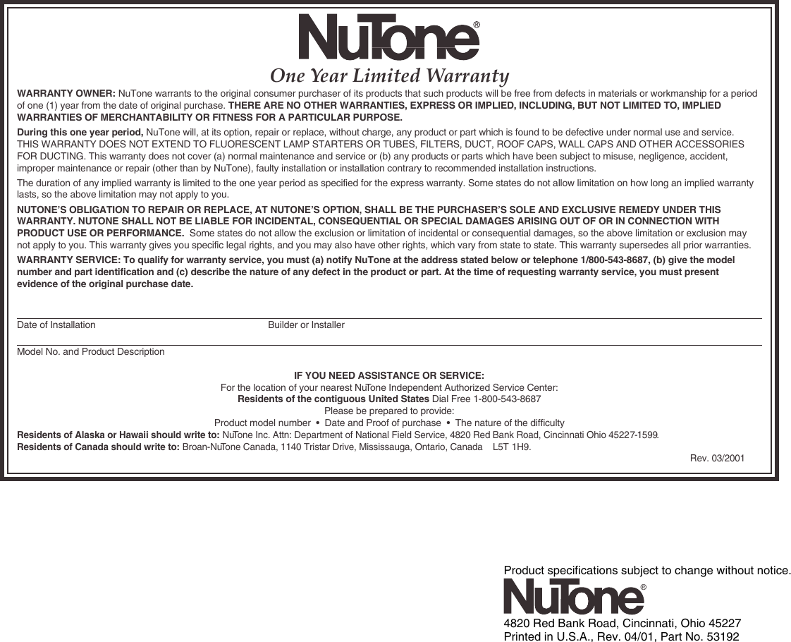Page 2 of 2 - Nutone Nutone-Lb-18-Users-Manual- 53192  2-NOTE CHIME Nutone-lb-18-users-manual