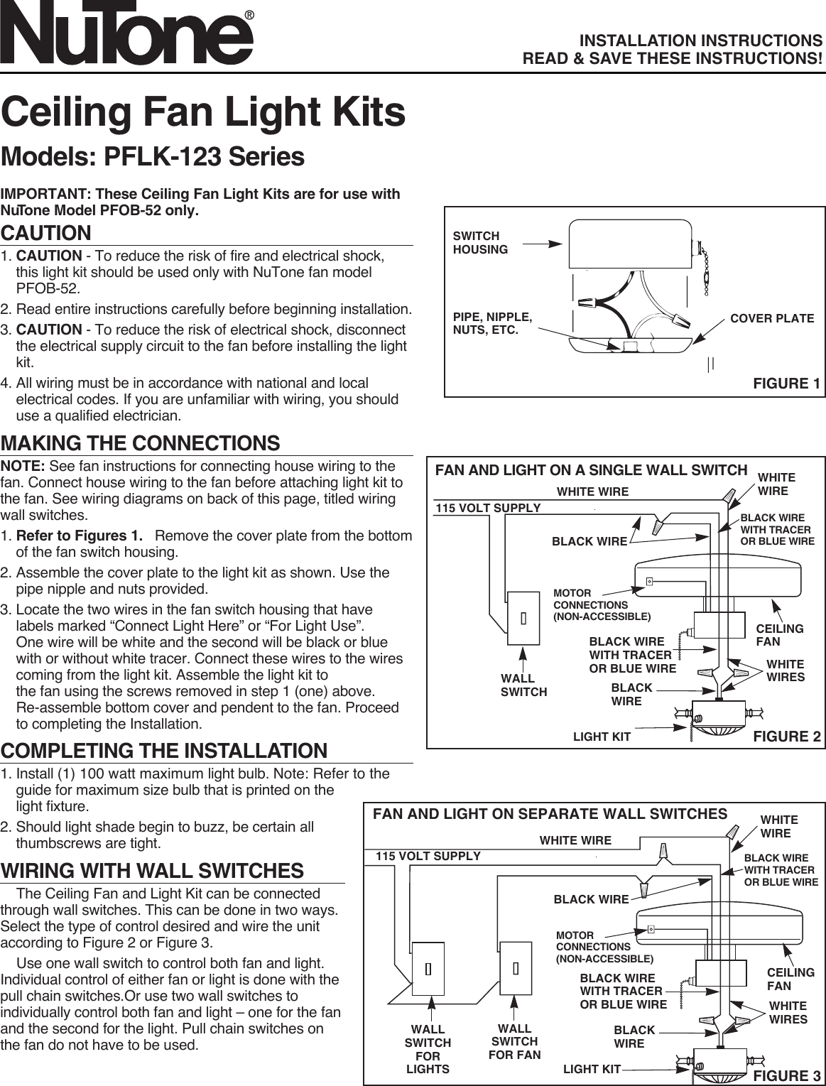 Nutone Pflk 123 Users Manual 89670 Fan Light Kits