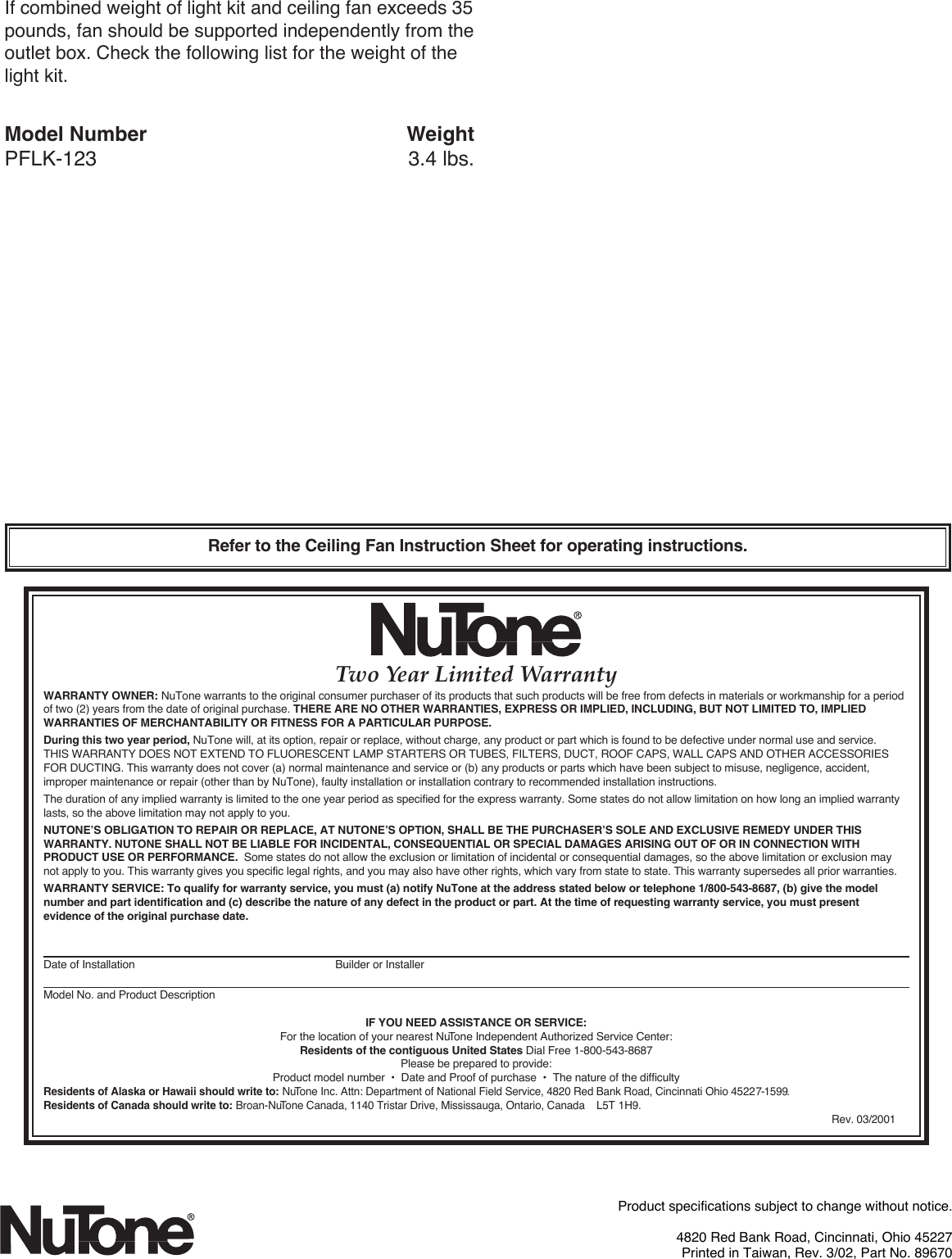 Nutone Pflk 123 Users Manual 89670 Fan Light Kits