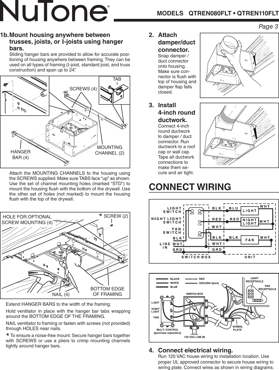 Nutone Qtren110Flt Quick Start Guide