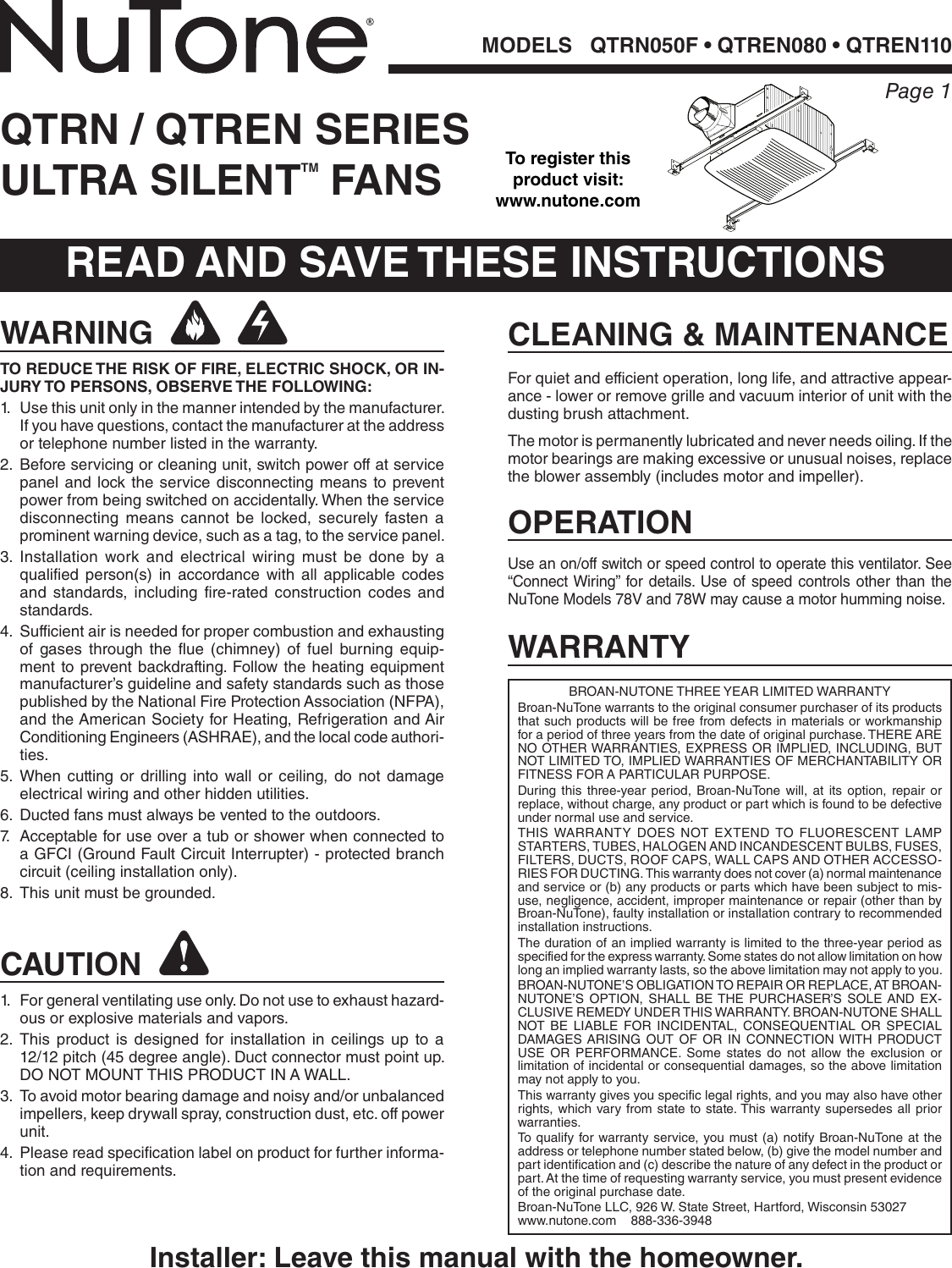 Page 1 of 8 - Nutone Nutone-Qtren110-Quick-Start-Guide