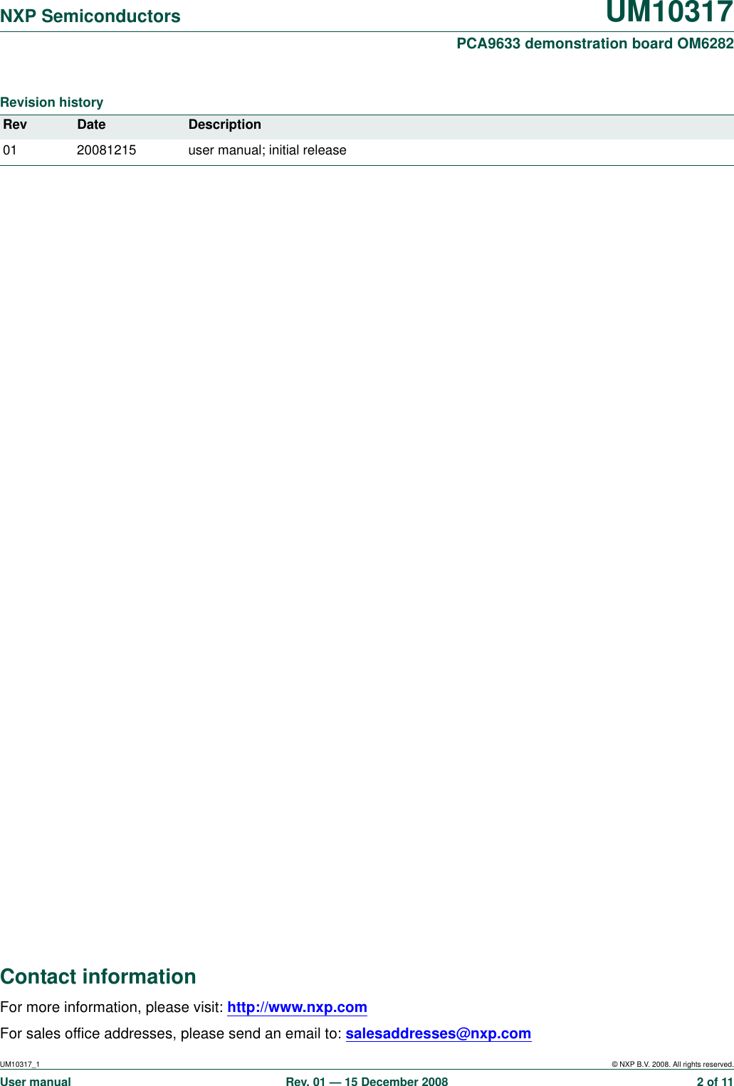 Page 2 of 11 - Nxp-Semiconductors Nxp-Semiconductors-Um10317-Users-Manual- UM10317 PCA9633 Demonstration Board OM6282  Nxp-semiconductors-um10317-users-manual