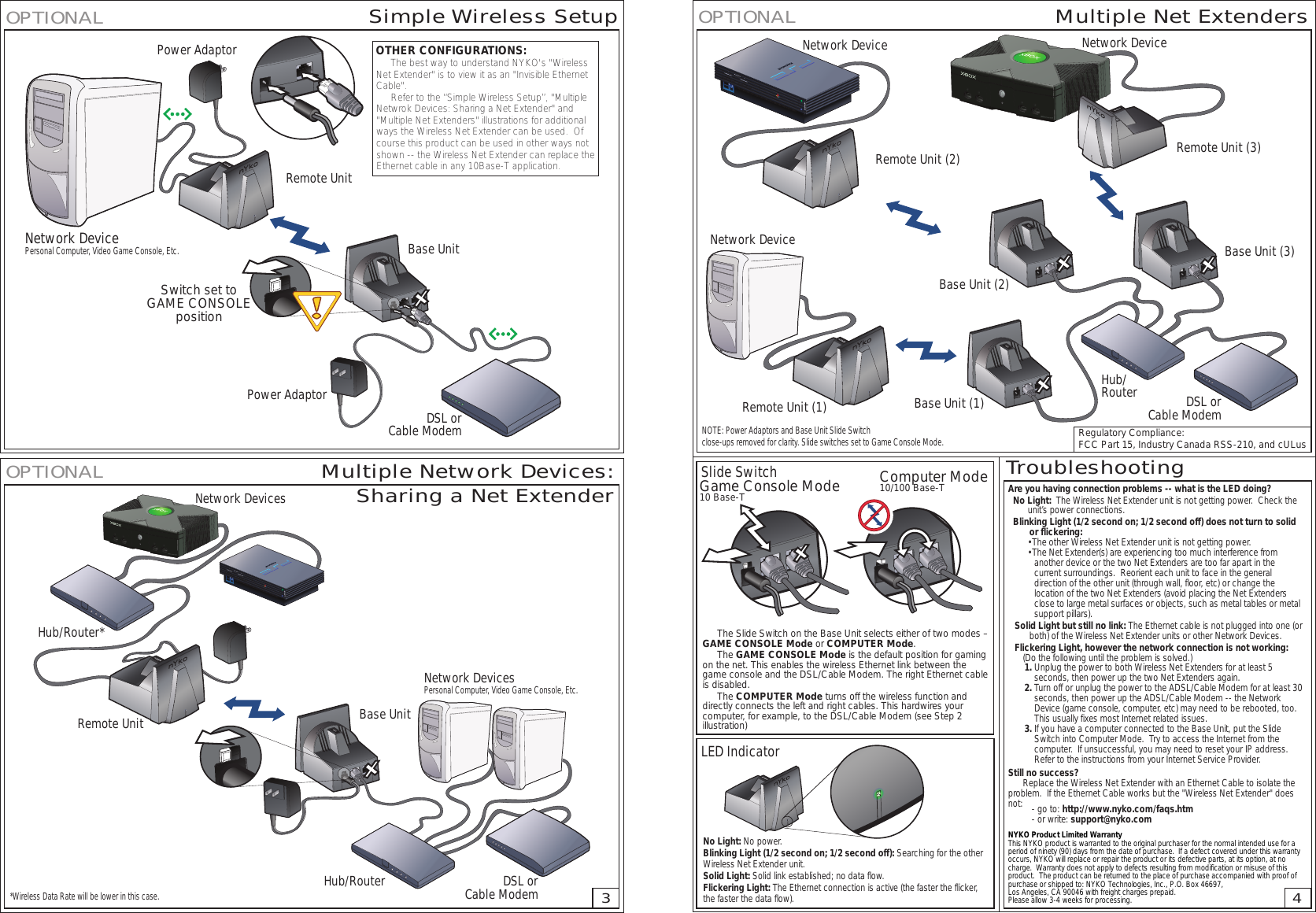 Multiple Network Devices:Sharing a Net ExtenderSimple Wireless SetupOPTIONALOPTIONALNetwork DevicesPersonal Computer, Video Game Console, Etc.Network DevicesBase UnitRemote UnitDSL orCable ModemHub/RouterHub/Router*BASEREMOTE*Wireless Data Rate will be lower in this case.3OTHER CONFIGURATIONS:The best way to understand NYKO&apos;s &quot;Wireless Net Extender&quot; is to view it as an &quot;Invisible Ethernet Cable&quot;.Refer to the “Simple Wireless Setup”, &quot;Multiple Netwrok Devices: Sharing a Net Extender&quot; and &quot;Multiple Net Extenders&quot; illustrations for additional ways the Wireless Net Extender can be used.  Of course this product can be used in other ways not shown -- the Wireless Net Extender can replace the Ethernet cable in any 10Base-T application.Network DevicePersonal Computer, Video Game Console, Etc.Switch set toGAME CONSOLEpositionBase UnitRemote UnitPower AdaptorPower AdaptorDSL orCable ModemBASEREMOTEREMOTEGame Console Mode10 Base-TComputer Mode10/100 Base-TSlide SwitchLED IndicatorTroubleshootingThe Slide Switch on the Base Unit selects either of two modes – GAME CONSOLE Mode or COMPUTER Mode.The GAME CONSOLE Mode is the default position for gaming on the net. This enables the wireless Ethernet link between the game console and the DSL/Cable Modem. The right Ethernet cable is disabled.The COMPUTER Mode turns off the wireless function and directly connects the left and right cables. This hardwires your computer, for example, to the DSL/Cable Modem (see Step 2 illustration)Are you having connection problems -- what is the LED doing?No Light:  The Wireless Net Extender unit is not getting power.  Check the unit’s power connections.Blinking Light (1/2 second on; 1/2 second off) does not turn to solid or flickering:•The other Wireless Net Extender unit is not getting power.•The Net Extender(s) are experiencing too much interference from another device or the two Net Extenders are too far apart in the current surroundings.  Reorient each unit to face in the general direction of the other unit (through wall, floor, etc) or change the location of the two Net Extenders (avoid placing the Net Extenders close to large metal surfaces or objects, such as metal tables or metal support pillars).Solid Light but still no link: The Ethernet cable is not plugged into one (or both) of the Wireless Net Extender units or other Network Devices.Flickering Light, however the network connection is not working:(Do the following until the problem is solved.)1. Unplug the power to both Wireless Net Extenders for at least 5 seconds, then power up the two Net Extenders again.2. Turn off or unplug the power to the ADSL/Cable Modem for at least 30 seconds, then power up the ADSL/Cable Modem -- the Network Device (game console, computer, etc) may need to be rebooted, too.  This usually fixes most Internet related issues.3. If you have a computer connected to the Base Unit, put the Slide Switch into Computer Mode.  Try to access the Internet from the computer.  If unsuccessful, you may need to reset your IP address.  Refer to the instructions from your Internet Service Provider.Still no success?Replace the Wireless Net Extender with an Ethernet Cable to isolate the problem.   If the Ethernet Cable works but the &quot;Wireless Net Extender&quot; does not: - go to: http://www.nyko.com/faqs.htm- or write: support@nyko.comNYKO Product Limited WarrantyThis NYKO product is warranted to the original purchaser for the normal intended use for a period of ninety (90) days from the date of purchase.  If a defect covered under this warranty occurs, NYKO will replace or repair the product or its defective parts, at its option, at no charge.  Warranty does not apply to defects resulting from modification or misuse of this product.  The product can be returned to the place of purchase accompanied with proof of purchase or shipped to: NYKO Technologies, Inc., P.O. Box 46697, Los Angeles, CA 90046 with freight charges prepaid.  Please allow 3-4 weeks for processing.REMOTE4Multiple Net ExtendersOPTIONALNetwork DeviceNetwork Device Network DeviceBase Unit (1)Base Unit (2)Base Unit (3)Remote Unit (1)Remote Unit (2) Remote Unit (3)DSL orCable ModemHub/RouterBASEBASEBASENOTE: Power Adaptors and Base Unit Slide Switch close-ups removed for clarity. Slide switches set to Game Console Mode.REMOTEREMOTEREMOTENo Light: No power.Blinking Light (1/2 second on; 1/2 second off): Searching for the other Wireless Net Extender unit.Solid Light: Solid link established; no data flow.Flickering Light: The Ethernet connection is active (the faster the flicker, the faster the data flow).Regulatory Compliance: FCC Part 15, Industry Canada RSS-210, and cULus