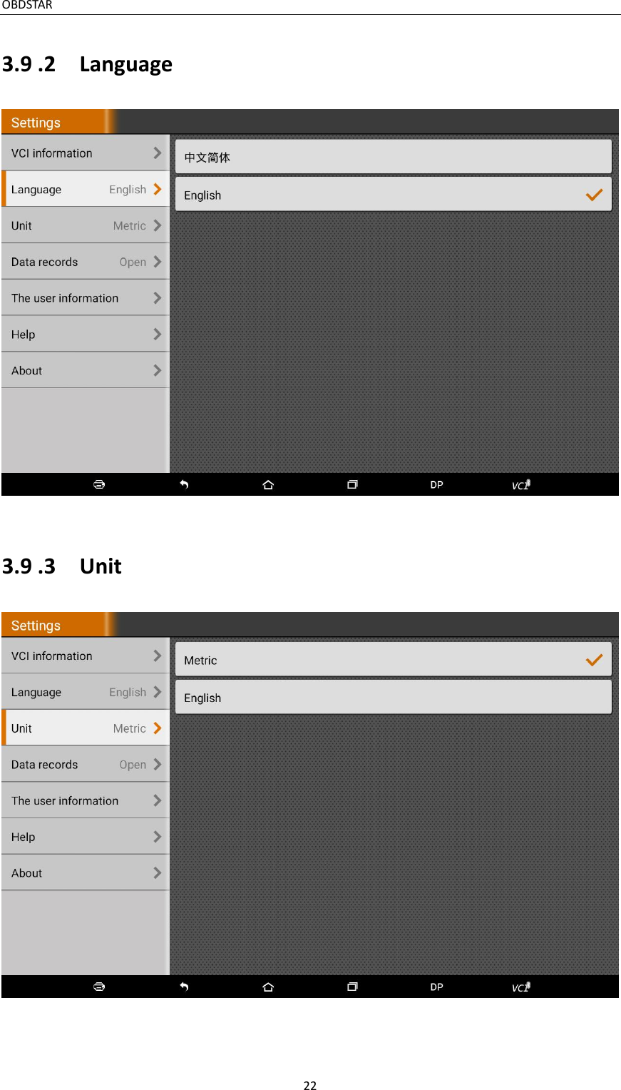 OBDSTAR                                                                                       22  3.9 .2    Language   3.9 .3    Unit  