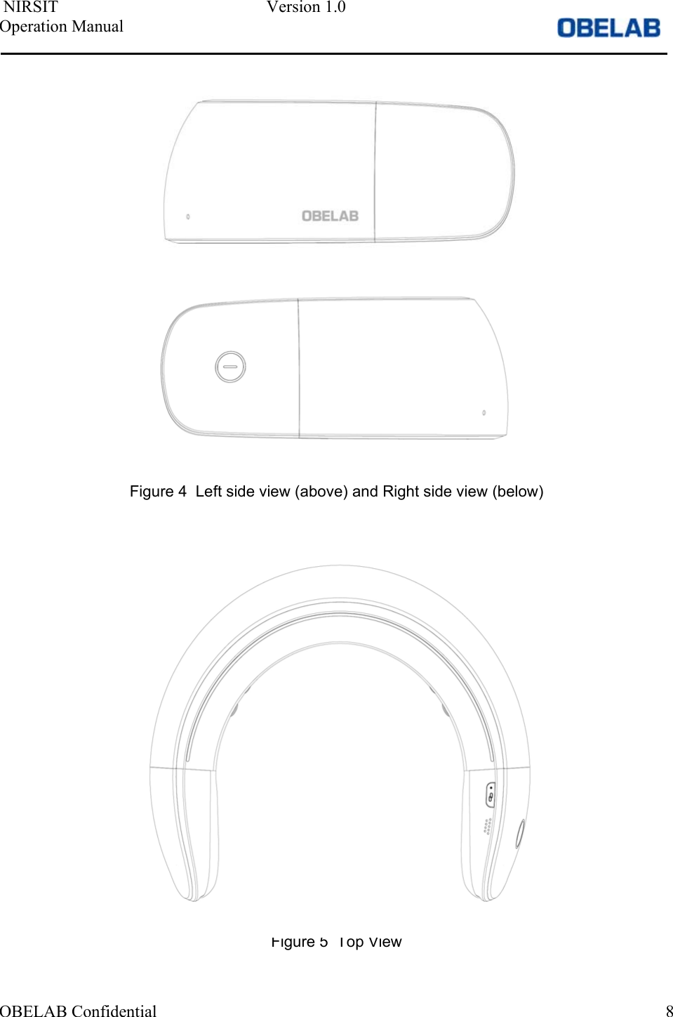  NIRSIT  Version 1.0 Operation Manual                OBELAB Confidential    8                       Figure 4  Left side view (above) and Right side view (below)                         Figure 5  Top View  