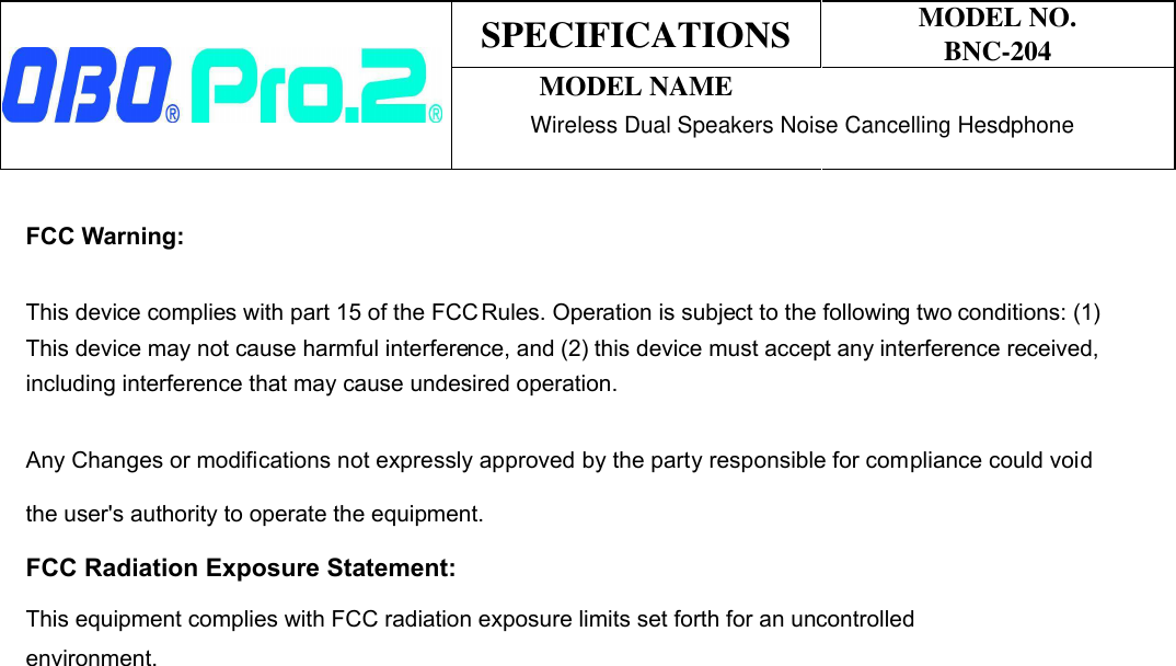 Page 5 of OBO PRO 2 BNC-204 Wireless Dual Speakers Noise Cancelling Headphone User Manual BNC 204 SPEC 20180126 R01