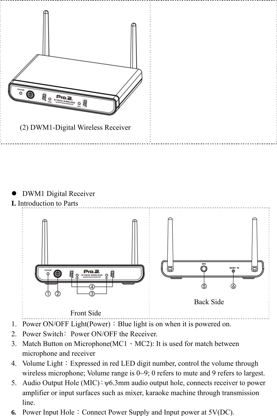     z DWM1 Digital Receiver   I. Introduction to Parts Front Side Back Side 1. Power ON/OFF Light(Power)：Blue light is on when it is powered on. 2. Power Switch﹕Power ON/OFF the Receiver. 3. Match Button on Microphone(MC1、MC2): It is used for match between microphone and receiver 4. Volume Light：Expressed in red LED digit number, control the volume through wireless microphone; Volume range is 0~9; 0 refers to mute and 9 refers to largest.   5. Audio Output Hole (MIC)：ψ6.3mm audio output hole, connects receiver to power amplifier or input surfaces such as mixer, karaoke machine through transmission line.  6. Power Input Hole：Connect Power Supply and Input power at 5V(DC).  (2) DWM1-Digital Wireless Receiver    