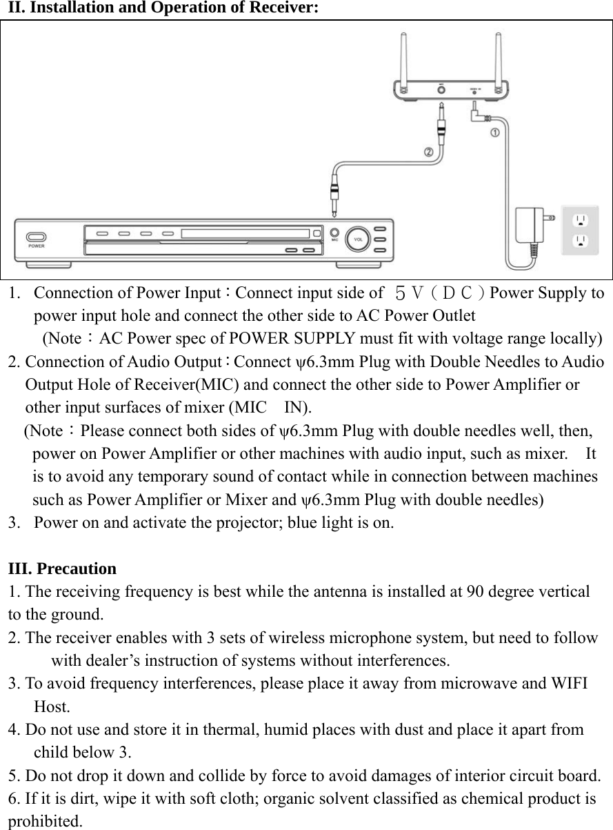 II. Installation and Operation of Receiver: 1. Connection of Power Input：Connect input side of  ５Ｖ（ＤＣ）Power Supply to power input hole and connect the other side to AC Power Outlet   (Note：AC Power spec of POWER SUPPLY must fit with voltage range locally) 2. Connection of Audio Output：Connect ψ6.3mm Plug with Double Needles to Audio Output Hole of Receiver(MIC) and connect the other side to Power Amplifier or other input surfaces of mixer (MIC IN). (Note：Please connect both sides of ψ6.3mm Plug with double needles well, then, power on Power Amplifier or other machines with audio input, such as mixer.    It is to avoid any temporary sound of contact while in connection between machines such as Power Amplifier or Mixer and ψ6.3mm Plug with double needles) 3. Power on and activate the projector; blue light is on.  III. Precaution 1. The receiving frequency is best while the antenna is installed at 90 degree vertical to the ground. 2. The receiver enables with 3 sets of wireless microphone system, but need to follow with dealer’s instruction of systems without interferences. 3. To avoid frequency interferences, please place it away from microwave and WIFI Host. 4. Do not use and store it in thermal, humid places with dust and place it apart from child below 3. 5. Do not drop it down and collide by force to avoid damages of interior circuit board. 6. If it is dirt, wipe it with soft cloth; organic solvent classified as chemical product is prohibited.        