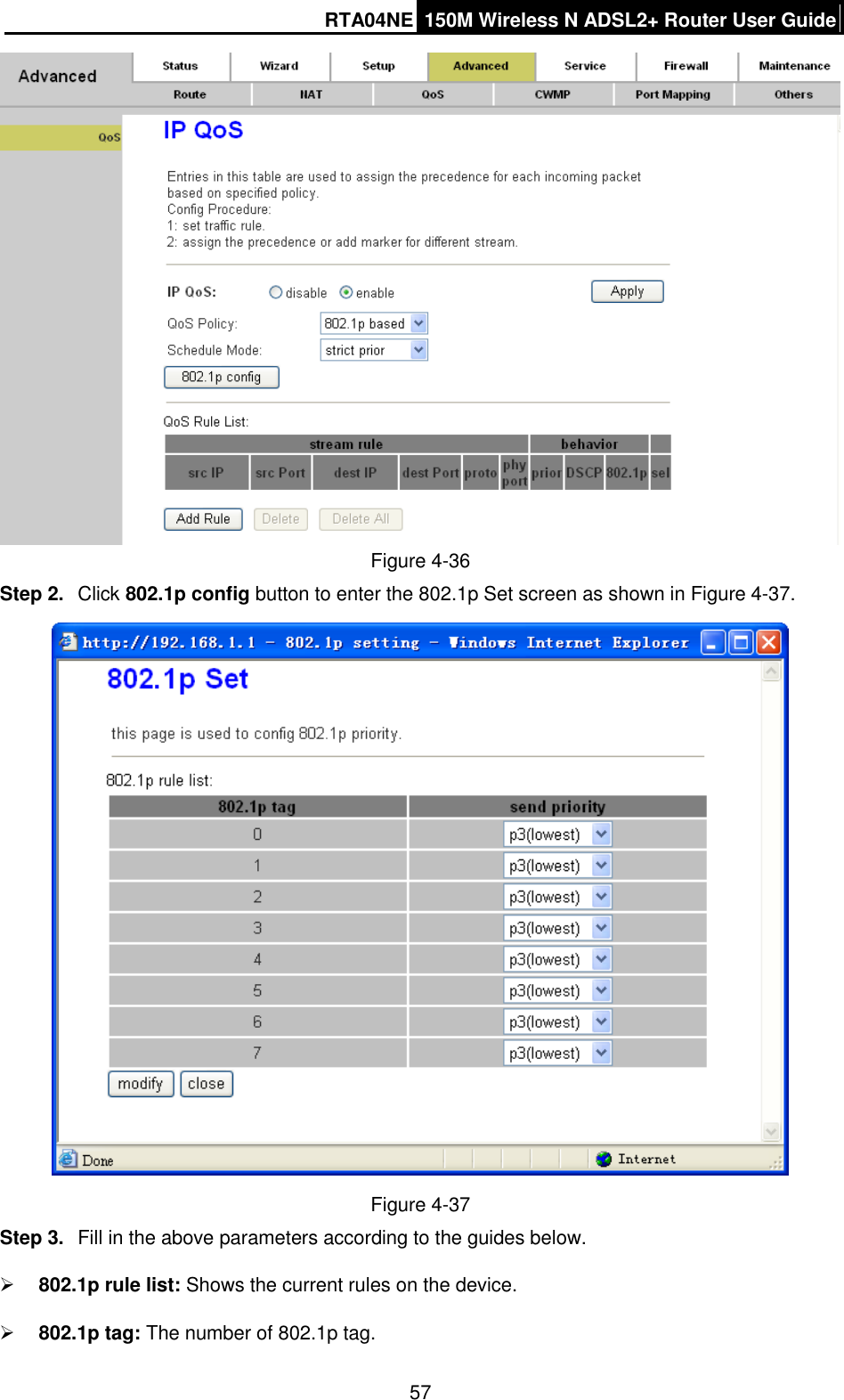 RTA04NE 150M Wireless N ADSL2+ Router User Guide  57  Figure 4-36 Step 2.  Click 802.1p config button to enter the 802.1p Set screen as shown in Figure 4-37.  Figure 4-37 Step 3.  Fill in the above parameters according to the guides below.  802.1p rule list: Shows the current rules on the device.  802.1p tag: The number of 802.1p tag. 