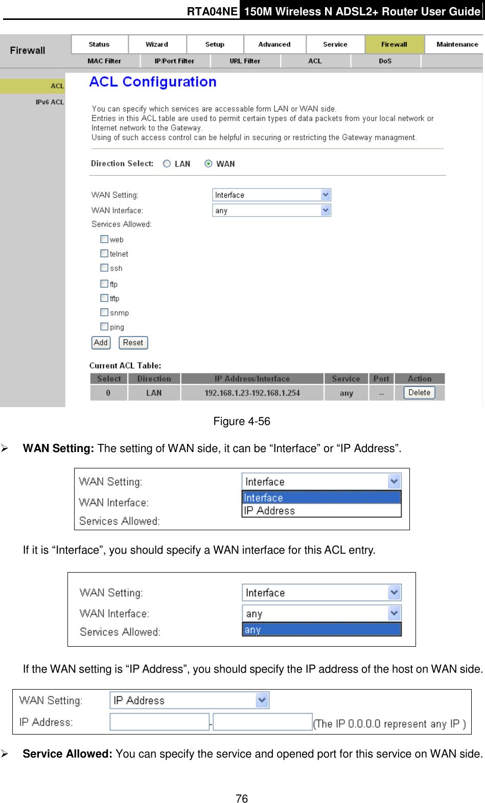 RTA04NE 150M Wireless N ADSL2+ Router User Guide  76  Figure 4-56  WAN Setting: The setting of WAN side, it can be “Interface” or “IP Address”.    If it is “Interface”, you should specify a WAN interface for this ACL entry.    If the WAN setting is “IP Address”, you should specify the IP address of the host on WAN side.   Service Allowed: You can specify the service and opened port for this service on WAN side. 