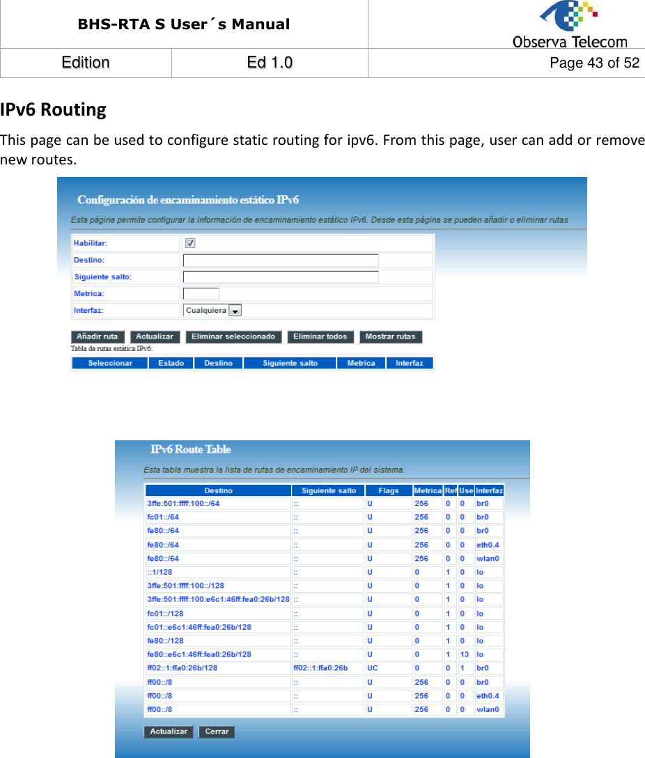 BHS-RTA S User´s Manual  EEddiittiioonn  EEdd  11..00  Page 43 of 52  IPv6 Routing This page can be used to configure static routing for ipv6. From this page, user can add or remove new routes.              