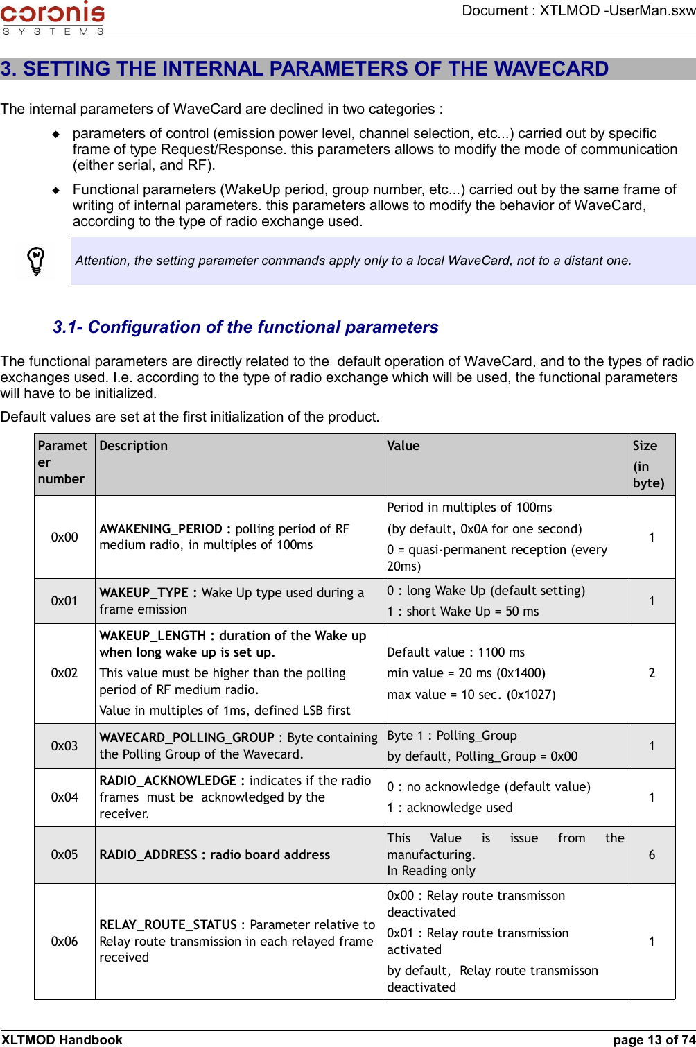 Document : XTLMOD -UserMan.sxw3. SETTING THE INTERNAL PARAMETERS OF THE WAVECARDThe internal parameters of WaveCard are declined in two categories :parameters of control (emission power level, channel selection, etc...) carried out by specific frame of type Request/Response. this parameters allows to modify the mode of communication (either serial, and RF).Functional parameters (WakeUp period, group number, etc...) carried out by the same frame of writing of internal parameters. this parameters allows to modify the behavior of WaveCard, according to the type of radio exchange used.Attention, the setting parameter commands apply only to a local WaveCard, not to a distant one.3.1- Configuration of the functional parametersThe functional parameters are directly related to the  default operation of WaveCard, and to the types of radio exchanges used. I.e. according to the type of radio exchange which will be used, the functional parameters will have to be initialized.Default values are set at the first initialization of the product.Parameter numberDescription Value Size(in byte)0x00 AWAKENING_PERIOD : polling period of RF medium radio, in multiples of 100msPeriod in multiples of 100ms(by default, 0x0A for one second)0 = quasi-permanent reception (every 20ms) 10x01 WAKEUP_TYPE : Wake Up type used during a frame emission0 : long Wake Up (default setting)1 : short Wake Up = 50 ms 10x02WAKEUP_LENGTH : duration of the Wake up when long wake up is set up.This value must be higher than the polling period of RF medium radio.Value in multiples of 1ms, defined LSB firstDefault value : 1100 msmin value = 20 ms (0x1400)max value = 10 sec. (0x1027)20x03 WAVECARD_POLLING_GROUP : Byte containing the Polling Group of the Wavecard.Byte 1 : Polling_Groupby default, Polling_Group = 0x00 10x04RADIO_ACKNOWLEDGE : indicates if the radio frames  must be  acknowledged by the receiver.0 : no acknowledge (default value)1 : acknowledge used 10x05 RADIO_ADDRESS : radio board address This   Value   is   issue   from   the manufacturing. In Reading only60x06RELAY_ROUTE_STATUS : Parameter relative to Relay route transmission in each relayed frame received0x00 : Relay route transmisson deactivated0x01 : Relay route transmission activatedby default,  Relay route transmisson deactivated1XLTMOD Handbook page 13 of 74