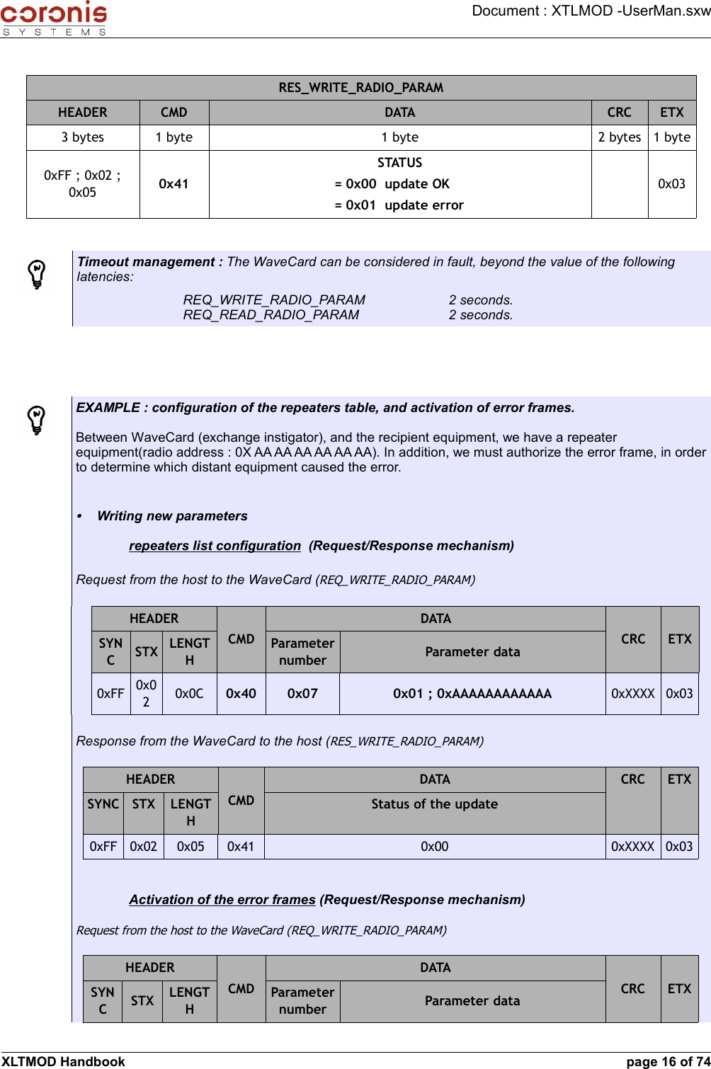 Document : XTLMOD -UserMan.sxwRES_WRITE_RADIO_PARAMHEADER CMD DATA CRC ETX3 bytes 1 byte 1 byte 2 bytes 1 byte0xFF ; 0x02 ; 0x05 0x41STATUS= 0x00  update OK= 0x01  update error0x03Timeout management : The WaveCard can be considered in fault, beyond the value of the following latencies:REQ_WRITE_RADIO_PARAM 2 seconds.REQ_READ_RADIO_PARAM 2 seconds.EXAMPLE : configuration of the repeaters table, and activation of error frames.Between WaveCard (exchange instigator), and the recipient equipment, we have a repeater equipment(radio address : 0X AA AA AA AA AA AA). In addition, we must authorize the error frame, in order to determine which distant equipment caused the error.•Writing new parametersrepeaters list configuration  (Request/Response mechanism)Request from the host to the WaveCard (REQ_WRITE_RADIO_PARAM)HEADERSYNCSTX LENGTHCMDDATAParameter number Parameter data CRC ETX0xFF 0x020x0C 0x40 0x07 0x01 ; 0xAAAAAAAAAAAA 0xXXXX 0x03Response from the WaveCard to the host (RES_WRITE_RADIO_PARAM)HEADERSYNC STX LENGTHCMDDATAStatus of the updateCRC ETX0xFF 0x02 0x05 0x41 0x00 0xXXXX 0x03Activation of the error frames (Request/Response mechanism)Request from the host to the WaveCard (REQ_WRITE_RADIO_PARAM)HEADERSYNCSTX LENGTHCMDDATAParameter number Parameter data CRC ETXXLTMOD Handbook page 16 of 74