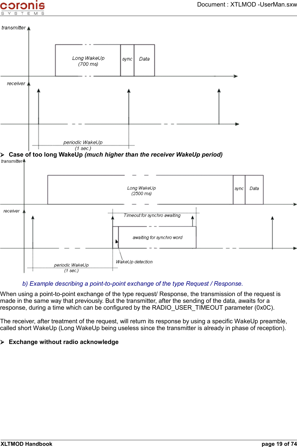 Document : XTLMOD -UserMan.sxw➢Case of too long WakeUp (much higher than the receiver WakeUp period)b) Example describing a point-to-point exchange of the type Request / Response.When using a point-to-point exchange of the type request/ Response, the transmission of the request is made in the same way that previously. But the transmitter, after the sending of the data, awaits for a response, during a time which can be configured by the RADIO_USER_TIMEOUT parameter (0x0C).The receiver, after treatment of the request, will return its response by using a specific WakeUp preamble, called short WakeUp (Long WakeUp being useless since the transmitter is already in phase of reception).➢Exchange without radio acknowledgeXLTMOD Handbook page 19 of 74