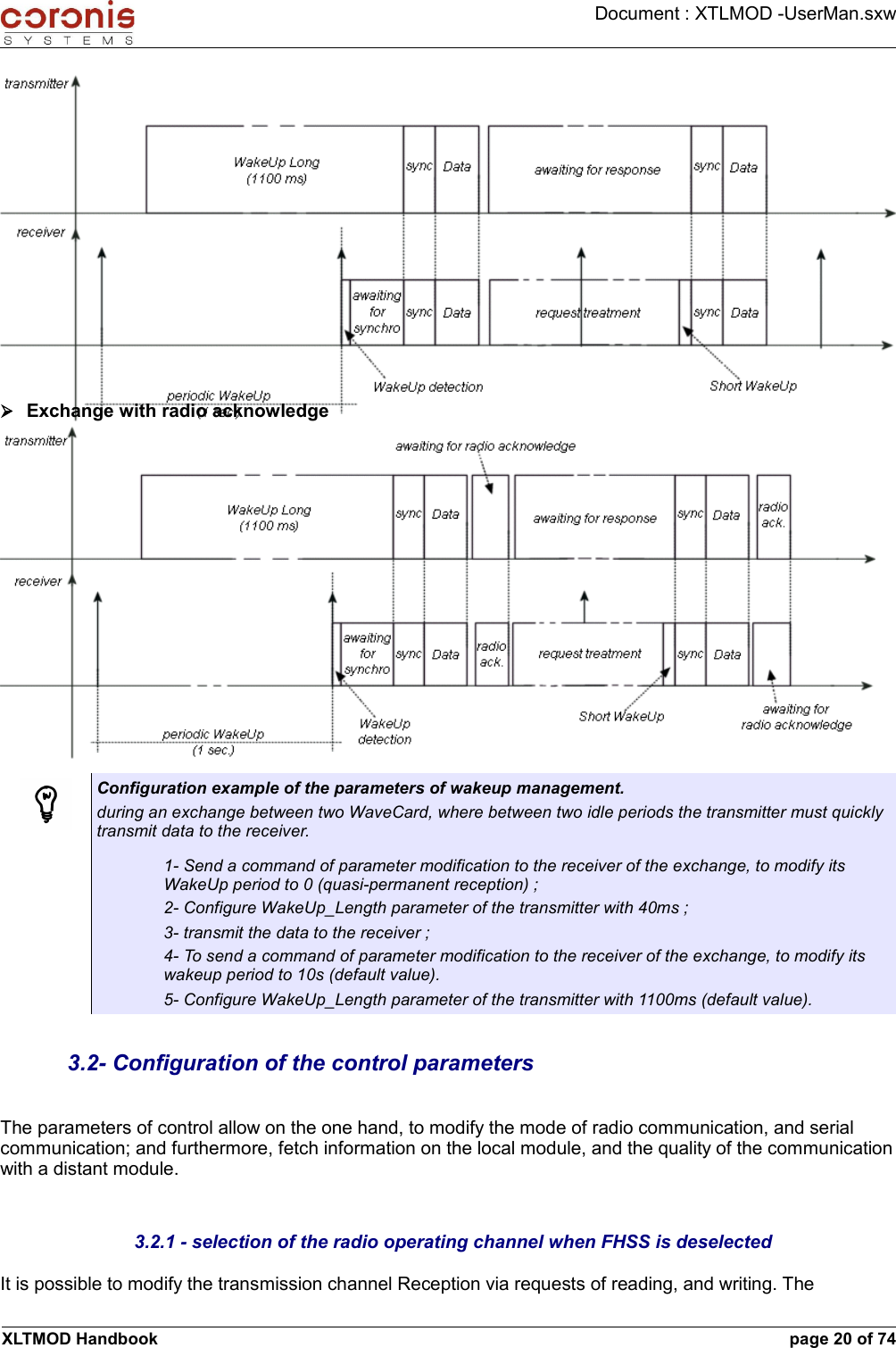 Document : XTLMOD -UserMan.sxw➢Exchange with radio acknowledgeConfiguration example of the parameters of wakeup management.during an exchange between two WaveCard, where between two idle periods the transmitter must quickly transmit data to the receiver.1- Send a command of parameter modification to the receiver of the exchange, to modify its WakeUp period to 0 (quasi-permanent reception) ;2- Configure WakeUp_Length parameter of the transmitter with 40ms ;3- transmit the data to the receiver ;4- To send a command of parameter modification to the receiver of the exchange, to modify its wakeup period to 10s (default value).5- Configure WakeUp_Length parameter of the transmitter with 1100ms (default value).3.2- Configuration of the control parametersThe parameters of control allow on the one hand, to modify the mode of radio communication, and serial communication; and furthermore, fetch information on the local module, and the quality of the communication with a distant module.3.2.1 - selection of the radio operating channel when FHSS is deselectedIt is possible to modify the transmission channel Reception via requests of reading, and writing. The XLTMOD Handbook page 20 of 74