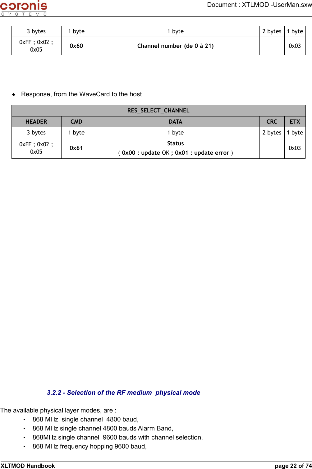 Document : XTLMOD -UserMan.sxw3 bytes 1 byte 1 byte 2 bytes 1 byte0xFF ; 0x02 ; 0x05 0x60 Channel number (de 0 à 21) 0x03Response, from the WaveCard to the hostRES_SELECT_CHANNELHEADER CMD DATA CRC ETX3 bytes 1 byte 1 byte 2 bytes 1 byte0xFF ; 0x02 ; 0x05 0x61 Status( 0x00 : update OK ; 0x01 : update error ) 0x033.2.2 - Selection of the RF medium  physical modeThe available physical layer modes, are : •868 MHz  single channel  4800 baud,•868 MHz single channel 4800 bauds Alarm Band,•868MHz single channel  9600 bauds with channel selection,•868 MHz frequency hopping 9600 baud,XLTMOD Handbook page 22 of 74