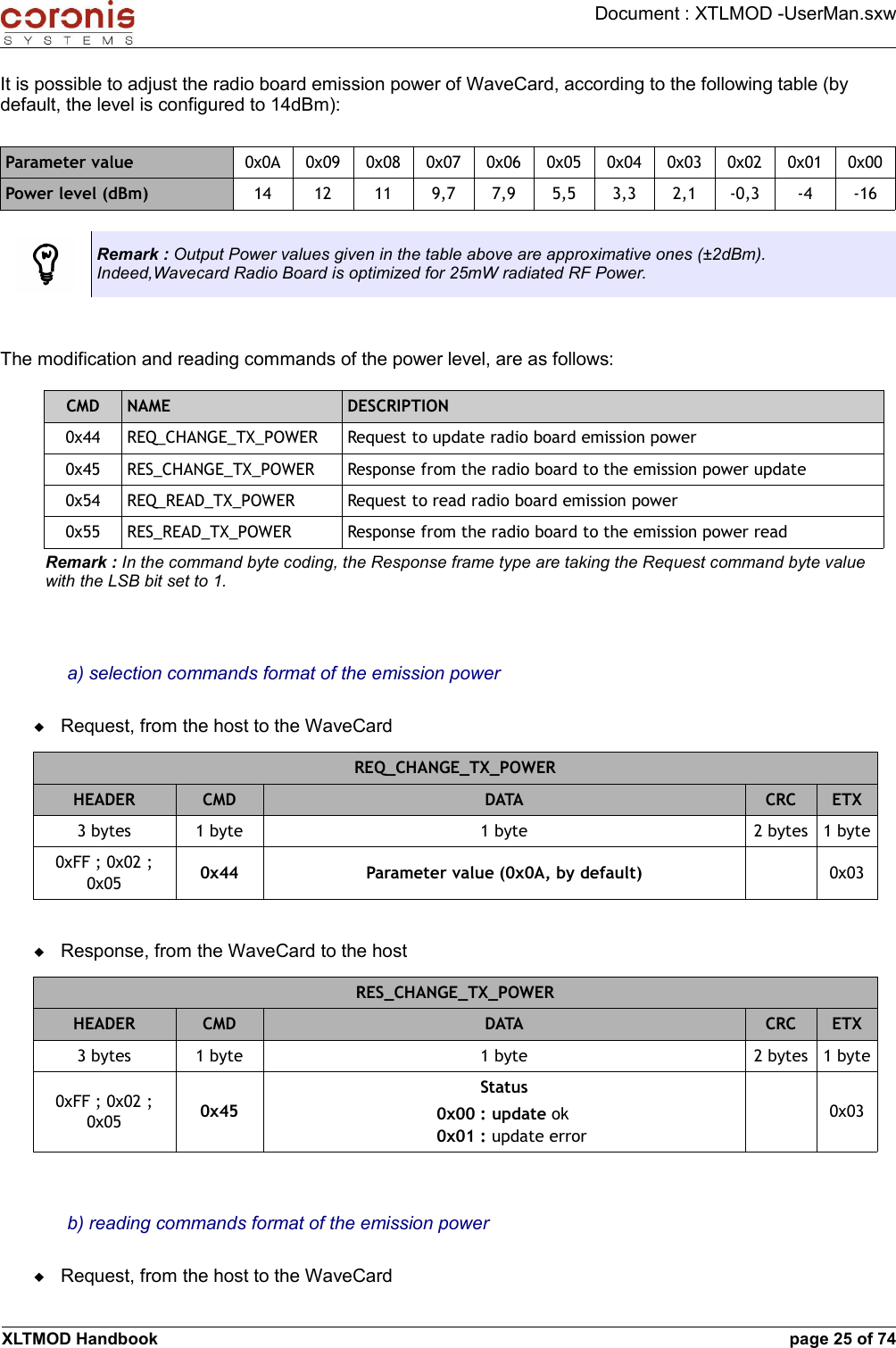 Document : XTLMOD -UserMan.sxwIt is possible to adjust the radio board emission power of WaveCard, according to the following table (by default, the level is configured to 14dBm):Parameter value 0x0A 0x09 0x08 0x07 0x06 0x05 0x04 0x03 0x02 0x01 0x00Power level (dBm) 14 12 11 9,7 7,9 5,5 3,3 2,1 -0,3 -4 -16Remark : Output Power values given in the table above are approximative ones (±2dBm). Indeed,Wavecard Radio Board is optimized for 25mW radiated RF Power.The modification and reading commands of the power level, are as follows:CMD NAME DESCRIPTION0x44 REQ_CHANGE_TX_POWER Request to update radio board emission power0x45 RES_CHANGE_TX_POWER Response from the radio board to the emission power update0x54 REQ_READ_TX_POWER Request to read radio board emission power0x55 RES_READ_TX_POWER Response from the radio board to the emission power readRemark : In the command byte coding, the Response frame type are taking the Request command byte value with the LSB bit set to 1.a) selection commands format of the emission powerRequest, from the host to the WaveCardREQ_CHANGE_TX_POWERHEADER CMD DATA CRC ETX3 bytes 1 byte 1 byte 2 bytes 1 byte0xFF ; 0x02 ; 0x05 0x44 Parameter value (0x0A, by default) 0x03Response, from the WaveCard to the hostRES_CHANGE_TX_POWERHEADER CMD DATA CRC ETX3 bytes 1 byte 1 byte 2 bytes 1 byte0xFF ; 0x02 ; 0x05 0x45Status0x00 : update ok 0x01 : update error0x03b) reading commands format of the emission powerRequest, from the host to the WaveCardXLTMOD Handbook page 25 of 74