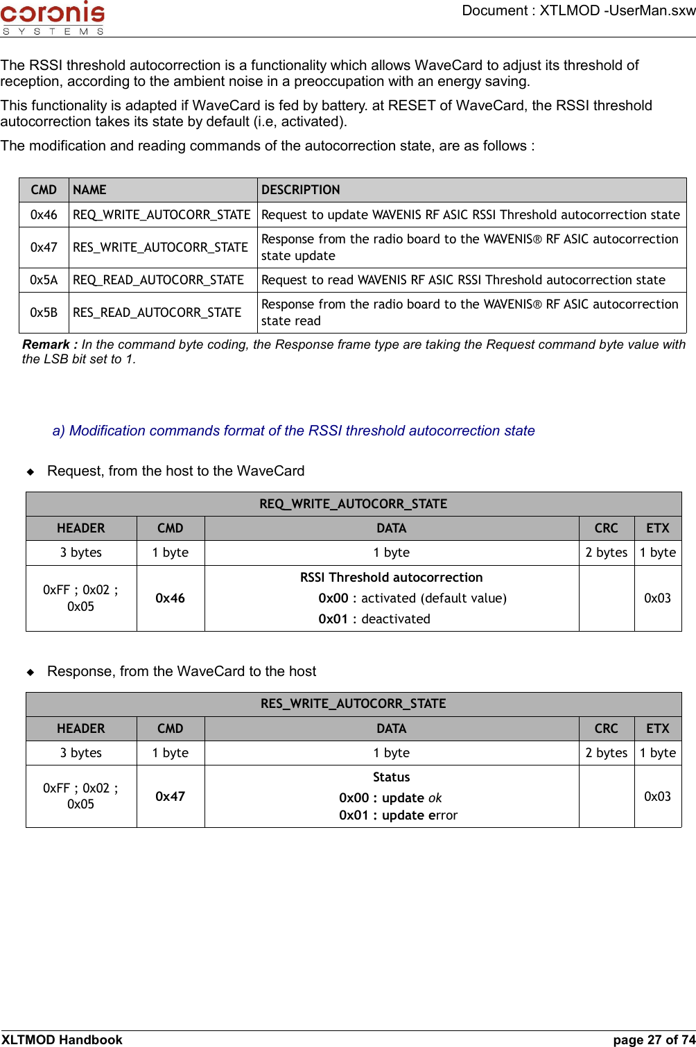 Document : XTLMOD -UserMan.sxwThe RSSI threshold autocorrection is a functionality which allows WaveCard to adjust its threshold of reception, according to the ambient noise in a preoccupation with an energy saving. This functionality is adapted if WaveCard is fed by battery. at RESET of WaveCard, the RSSI threshold autocorrection takes its state by default (i.e, activated).The modification and reading commands of the autocorrection state, are as follows :CMD NAME DESCRIPTION0x46 REQ_WRITE_AUTOCORR_STATE Request to update WAVENIS RF ASIC RSSI Threshold autocorrection state0x47 RES_WRITE_AUTOCORR_STATE Response from the radio board to the WAVENIS® RF ASIC autocorrection state update0x5A REQ_READ_AUTOCORR_STATE Request to read WAVENIS RF ASIC RSSI Threshold autocorrection state0x5B RES_READ_AUTOCORR_STATE Response from the radio board to the WAVENIS® RF ASIC autocorrection state readRemark : In the command byte coding, the Response frame type are taking the Request command byte value with the LSB bit set to 1.a) Modification commands format of the RSSI threshold autocorrection state Request, from the host to the WaveCardREQ_WRITE_AUTOCORR_STATEHEADER CMD DATA CRC ETX3 bytes 1 byte 1 byte 2 bytes 1 byte0xFF ; 0x02 ; 0x05 0x46RSSI Threshold autocorrection0x00 : activated (default value)0x01 : deactivated0x03Response, from the WaveCard to the hostRES_WRITE_AUTOCORR_STATEHEADER CMD DATA CRC ETX3 bytes 1 byte 1 byte 2 bytes 1 byte0xFF ; 0x02 ; 0x05 0x47Status0x00 : update ok 0x01 : update error0x03XLTMOD Handbook page 27 of 74