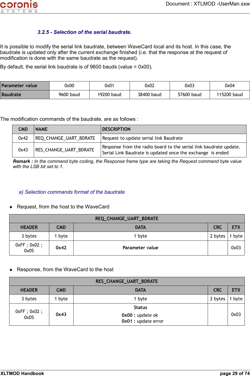 Document : XTLMOD -UserMan.sxw3.2.5 - Selection of the serial baudrate.It is possible to modify the serial link baudrate, between WaveCard local and its host. In this case, the baudrate is updated only after the current exchange finished (i.e. that the response at the request of modification is done with the same baudrate as the request).By default, the serial link baudrate is of 9600 bauds (value = 0x00).Parameter value 0x00 0x01 0x02 0x03 0x04Baudrate 9600 baud 19200 baud 38400 baud 57600 baud 115200 baudThe modification commands of the baudrate, are as follows :CMD NAME DESCRIPTION0x42 REQ_CHANGE_UART_BDRATE Request to update serial link Baudrate0x43 RES_CHANGE_UART_BDRATE Response from the radio board to the serial link baudrate update. Serial Link Baudrate is updated once the exchange  is endedRemark : In the command byte coding, the Response frame type are taking the Request command byte value with the LSB bit set to 1.a) Selection commands format of the baudrateRequest, from the host to the WaveCardREQ_CHANGE_UART_BDRATEHEADER CMD DATA CRC ETX3 bytes 1 byte 1 byte 2 bytes 1 byte0xFF ; 0x02 ; 0x05 0x42 Parameter value 0x03Response, from the WaveCard to the hostRES_CHANGE_UART_BDRATEHEADER CMD DATA CRC ETX3 bytes 1 byte 1 byte 2 bytes 1 byte0xFF ; 0x02 ; 0x05 0x43Status0x00 : update ok0x01 : update error0x03XLTMOD Handbook page 29 of 74