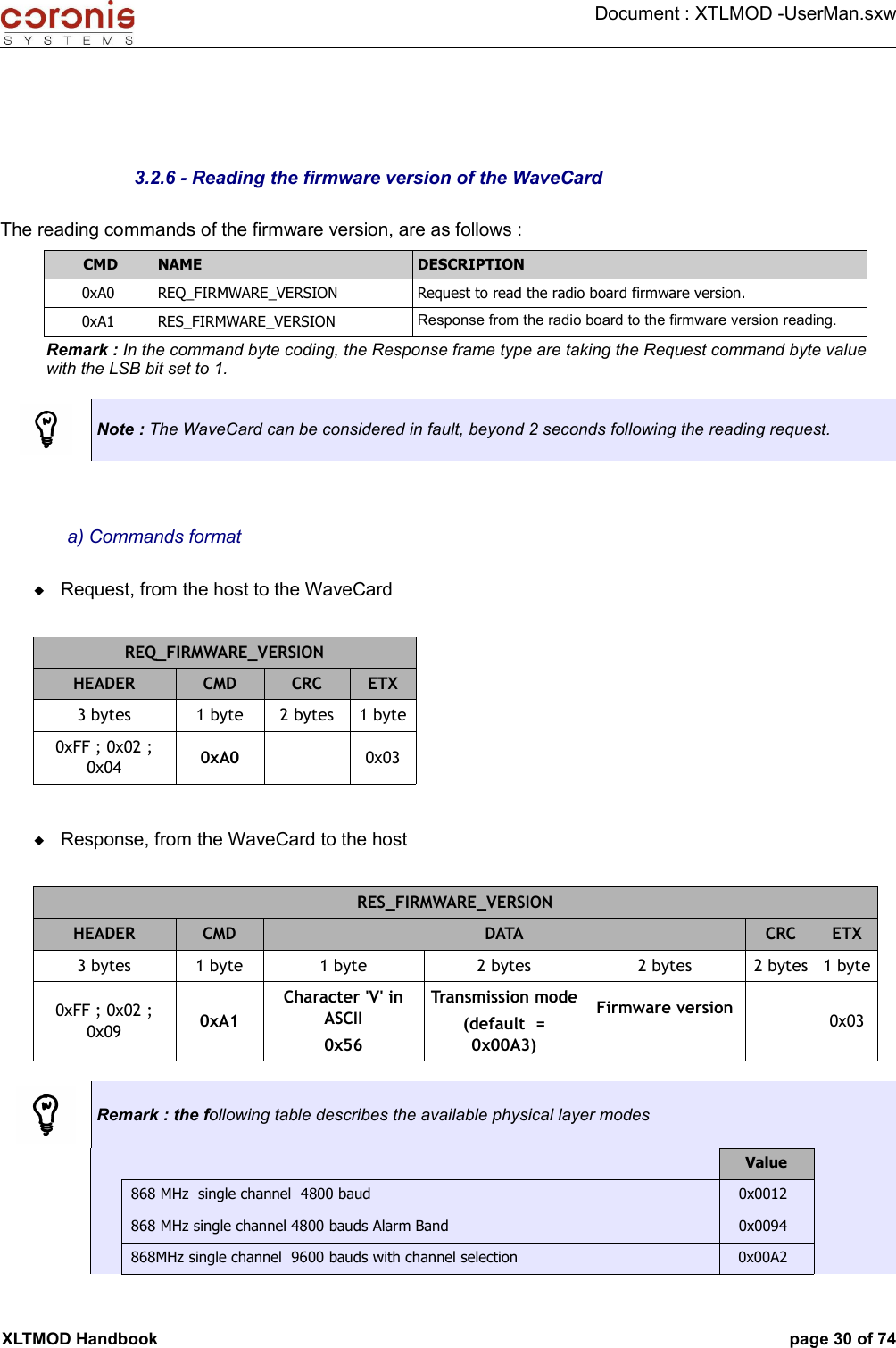 Document : XTLMOD -UserMan.sxw3.2.6 - Reading the firmware version of the WaveCardThe reading commands of the firmware version, are as follows : CMD NAME DESCRIPTION0xA0 REQ_FIRMWARE_VERSION Request to read the radio board firmware version.0xA1 RES_FIRMWARE_VERSION Response from the radio board to the firmware version reading.Remark : In the command byte coding, the Response frame type are taking the Request command byte value with the LSB bit set to 1.Note : The WaveCard can be considered in fault, beyond 2 seconds following the reading request.a) Commands formatRequest, from the host to the WaveCardREQ_FIRMWARE_VERSIONHEADER CMD CRC ETX3 bytes 1 byte 2 bytes 1 byte0xFF ; 0x02 ; 0x04 0xA0 0x03Response, from the WaveCard to the hostRES_FIRMWARE_VERSIONHEADER CMD DATA CRC ETX3 bytes 1 byte 1 byte 2 bytes 2 bytes 2 bytes 1 byte0xFF ; 0x02 ; 0x09 0xA1Character &apos;V&apos; in ASCII0x56Transmission mode(default  = 0x00A3)Firmware version 0x03Remark : the following table describes the available physical layer modesValue868 MHz  single channel  4800 baud 0x0012868 MHz single channel 4800 bauds Alarm Band 0x0094868MHz single channel  9600 bauds with channel selection 0x00A2XLTMOD Handbook page 30 of 74