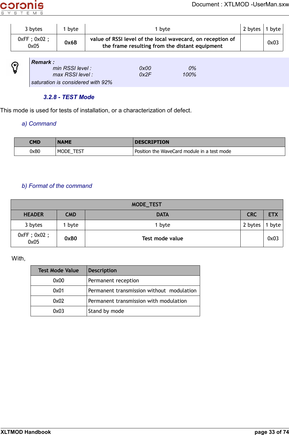 Document : XTLMOD -UserMan.sxw3 bytes 1 byte 1 byte 2 bytes 1 byte0xFF ; 0x02 ; 0x05 0x6B value of RSSI level of the local wavecard, on reception of the frame resulting from the distant equipment 0x03Remark :min RSSI level :   0x00     0%max RSSI level :  0x2F 100%                  saturation is considered with 92%3.2.8 - TEST ModeThis mode is used for tests of installation, or a characterization of defect.a) CommandCMD NAME DESCRIPTION0xB0 MODE_TEST Position the WaveCard module in a test modeb) Format of the commandMODE_TESTHEADER CMD DATA CRC ETX3 bytes 1 byte 1 byte 2 bytes 1 byte0xFF ; 0x02 ; 0x05 0xB0 Test mode value 0x03With, Test Mode Value Description0x00 Permanent reception0x01 Permanent transmission without  modulation0x02 Permanent transmission with modulation0x03 Stand by modeXLTMOD Handbook page 33 of 74