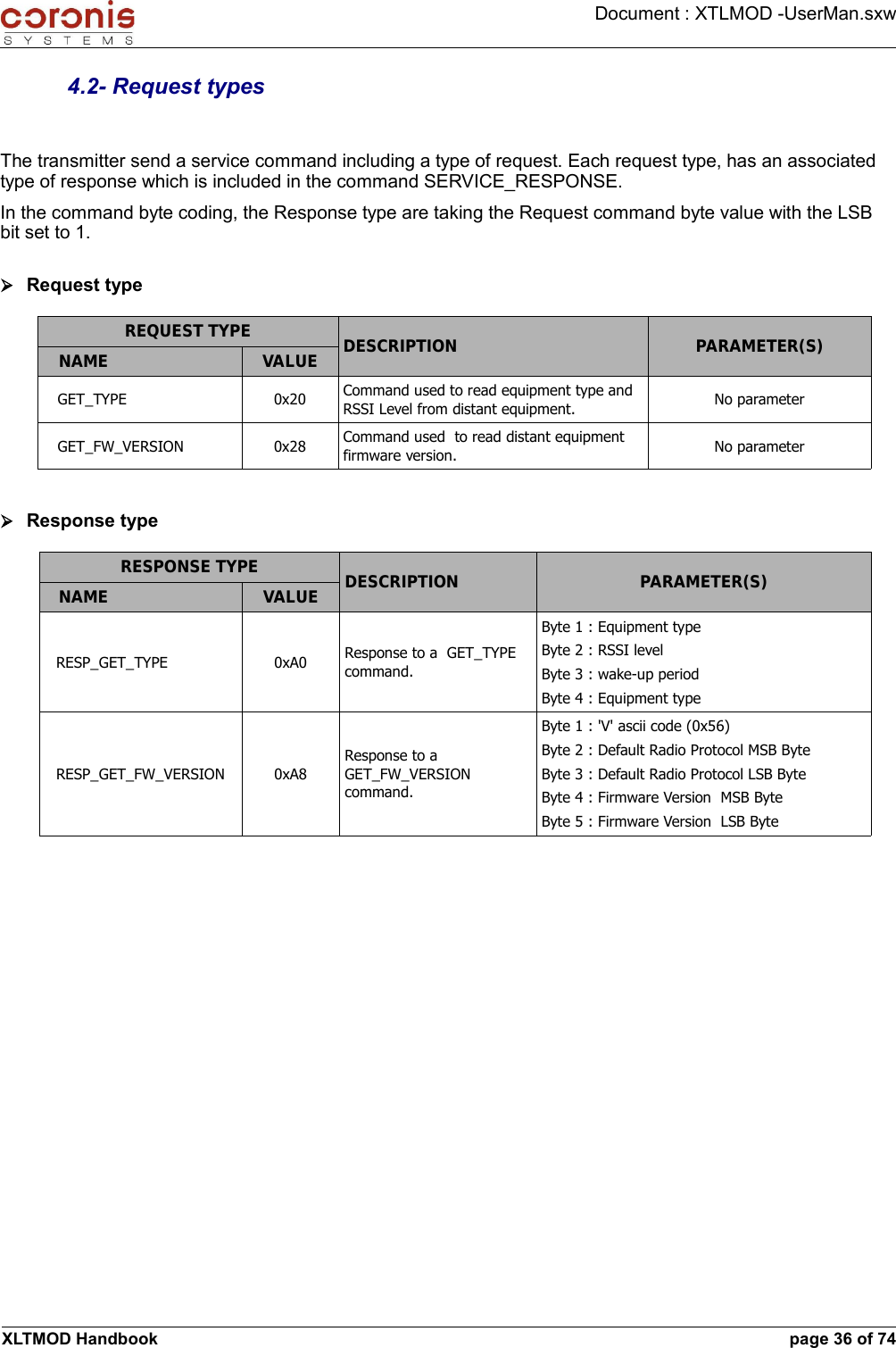 Document : XTLMOD -UserMan.sxw4.2- Request typesThe transmitter send a service command including a type of request. Each request type, has an associated type of response which is included in the command SERVICE_RESPONSE.In the command byte coding, the Response type are taking the Request command byte value with the LSB bit set to 1.➢Request typeREQUEST TYPENAME VALUE DESCRIPTION PARAMETER(S)GET_TYPE 0x20 Command used to read equipment type and RSSI Level from distant equipment. No parameterGET_FW_VERSION 0x28 Command used  to read distant equipment firmware version. No parameter➢Response typeRESPONSE TYPENAME VALUE DESCRIPTION PARAMETER(S)RESP_GET_TYPE 0xA0 Response to a  GET_TYPE command.Byte 1 : Equipment typeByte 2 : RSSI levelByte 3 : wake-up periodByte 4 : Equipment typeRESP_GET_FW_VERSION 0xA8Response to a GET_FW_VERSION command.Byte 1 : &apos;V&apos; ascii code (0x56)Byte 2 : Default Radio Protocol MSB ByteByte 3 : Default Radio Protocol LSB ByteByte 4 : Firmware Version  MSB ByteByte 5 : Firmware Version  LSB ByteXLTMOD Handbook page 36 of 74