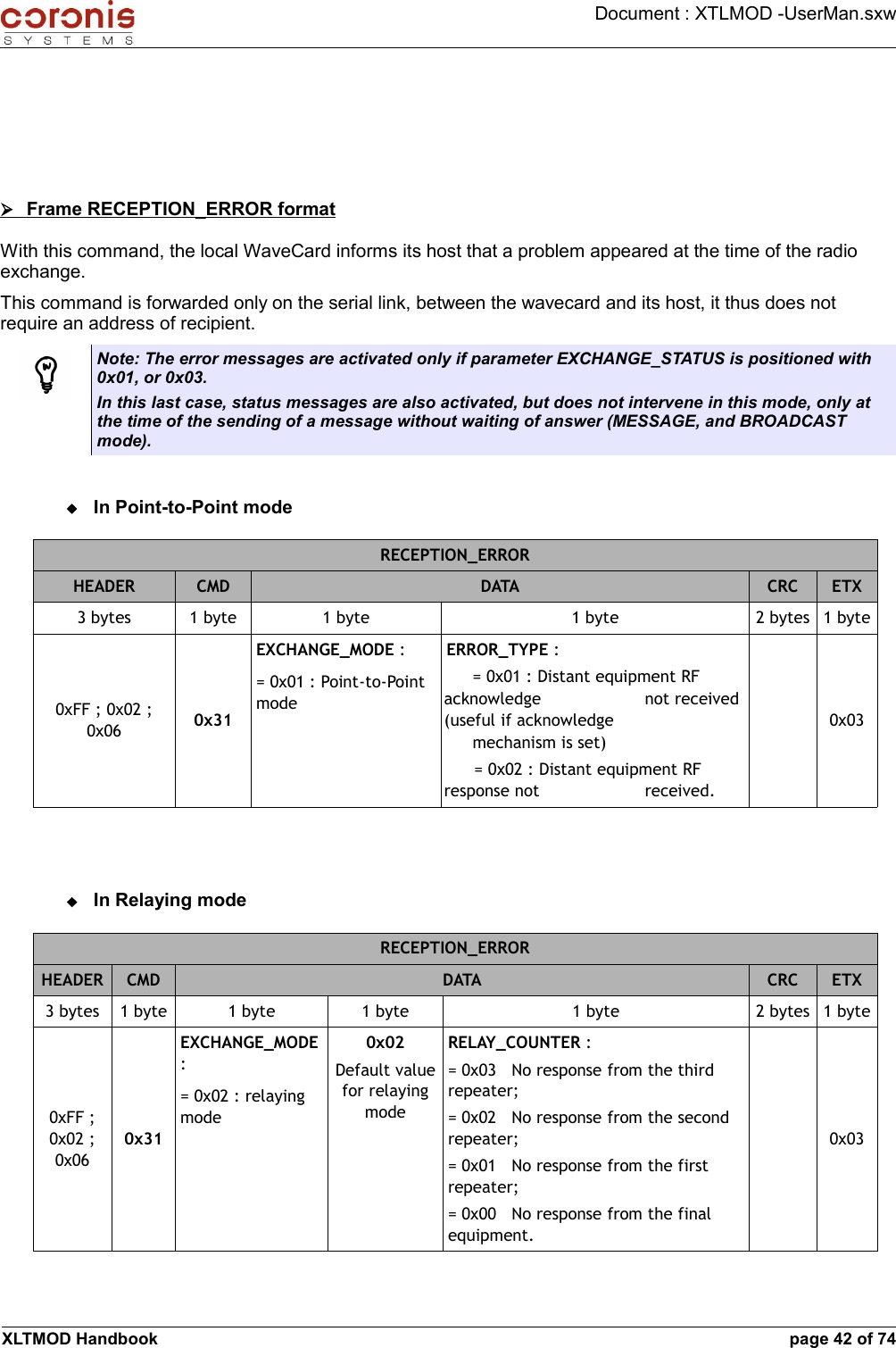 Document : XTLMOD -UserMan.sxw➢        Frame RECEPTION_ERROR format   With this command, the local WaveCard informs its host that a problem appeared at the time of the radio exchange. This command is forwarded only on the serial link, between the wavecard and its host, it thus does not require an address of recipient.Note: The error messages are activated only if parameter EXCHANGE_STATUS is positioned with 0x01, or 0x03.In this last case, status messages are also activated, but does not intervene in this mode, only at the time of the sending of a message without waiting of answer (MESSAGE, and BROADCAST mode).In Point-to-Point modeRECEPTION_ERRORHEADER CMD DATA CRC ETX3 bytes 1 byte 1 byte 1 byte 2 bytes 1 byte0xFF ; 0x02 ; 0x06 0x31EXCHANGE_MODE := 0x01 : Point-to-Point modeERROR_TYPE := 0x01 : Distant equipment RF acknowledge  not received (useful if acknowledge mechanism is set)= 0x02 : Distant equipment RF response not  received.0x03In Relaying modeRECEPTION_ERRORHEADER CMD DATA CRC ETX3 bytes 1 byte 1 byte 1 byte 1 byte 2 bytes 1 byte0xFF ; 0x02 ; 0x060x31EXCHANGE_MODE := 0x02 : relaying mode0x02Default value for relaying modeRELAY_COUNTER := 0x03   No response from the third repeater;= 0x02   No response from the second repeater;= 0x01   No response from the first repeater;= 0x00   No response from the final equipment.0x03XLTMOD Handbook page 42 of 74