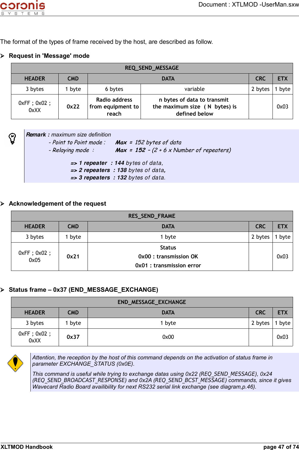 Document : XTLMOD -UserMan.sxwThe format of the types of frame received by the host, are described as follow.➢Request in &apos;Message&apos; modeREQ_SEND_MESSAGEHEADER CMD DATA CRC ETX3 bytes 1 byte 6 bytes variable 2 bytes 1 byte0xFF ; 0x02 ; 0xXX 0x22Radio address from equipment to reachn bytes of data to transmit the maximum size  ( N  bytes) is defined below0x03Remark : maximum size definition- Point to Point mode : Max = 152 bytes of data- Relaying mode  : Max = 152 – (2 + 6 x Number of repeaters)=&gt; 1 repeater  : 144 bytes of data,=&gt; 2 repeaters  : 138 bytes of data,=&gt; 3 repeaters  : 132 bytes of data.➢Acknowledgement of the requestRES_SEND_FRAMEHEADER CMD DATA CRC ETX3 bytes 1 byte 1 byte 2 bytes 1 byte0xFF ; 0x02 ; 0x05 0x21Status0x00 : transmission OK0x01 : transmission error0x03➢Status frame – 0x37 (END_MESSAGE_EXCHANGE)END_MESSAGE_EXCHANGEHEADER CMD DATA CRC ETX3 bytes 1 byte 1 byte 2 bytes 1 byte0xFF ; 0x02 ; 0xXX 0x37 0x00 0x03Attention, the reception by the host of this command depends on the activation of status frame in parameter EXCHANGE_STATUS (0x0E).This command is useful while trying to exchange datas using 0x22 (REQ_SEND_MESSAGE), 0x24  (REQ_SEND_BROADCAST_RESPONSE) and 0x2A (REQ_SEND_BCST_MESSAGE) commands, since it gives  Wavecard Radio Board availibility for next RS232 serial link exchange (see diagram,p.46).XLTMOD Handbook page 47 of 74