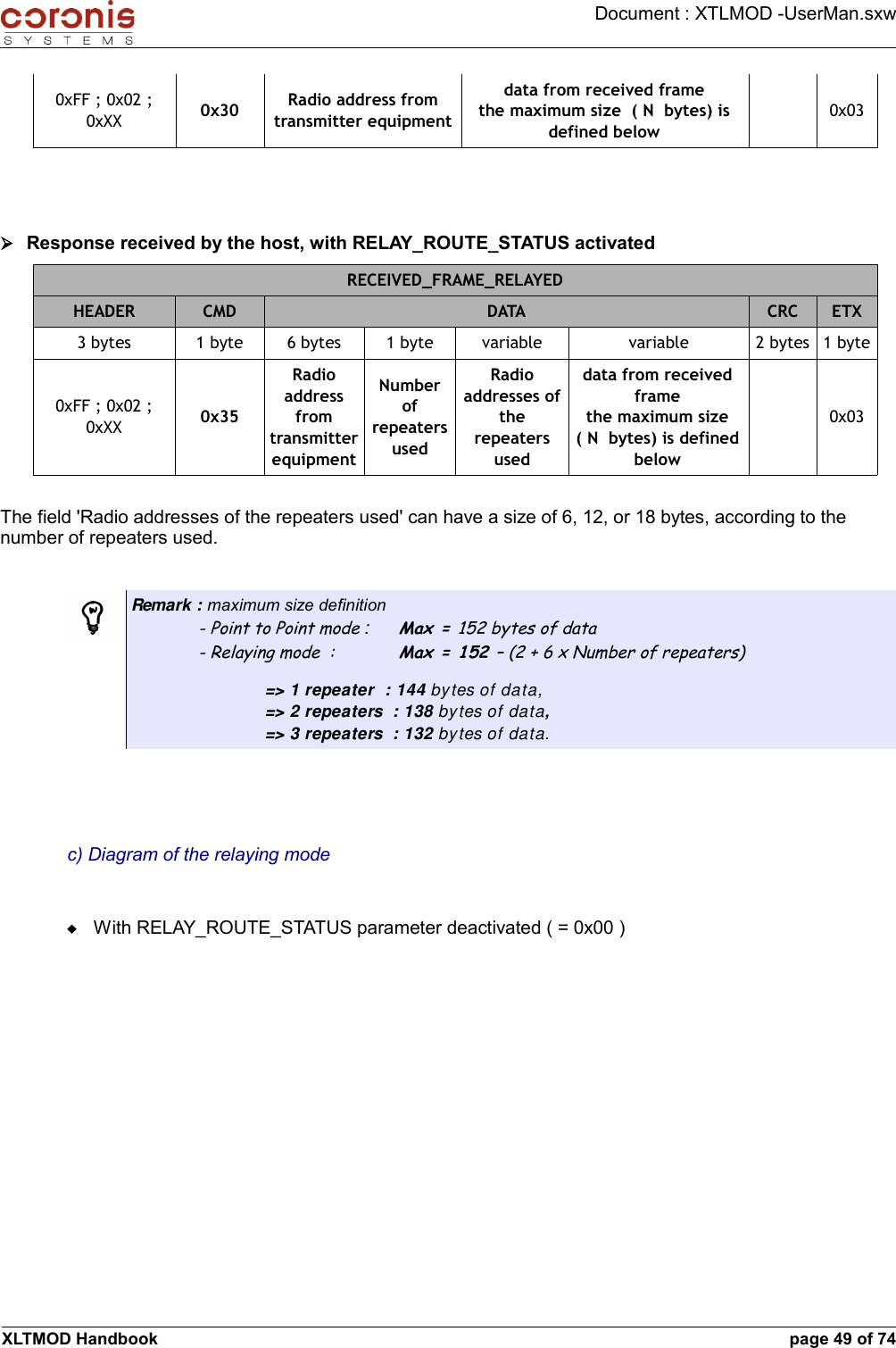 Document : XTLMOD -UserMan.sxw0xFF ; 0x02 ; 0xXX 0x30 Radio address from transmitter equipmentdata from received framethe maximum size  ( N  bytes) is defined below0x03➢Response received by the host, with RELAY_ROUTE_STATUS activatedRECEIVED_FRAME_RELAYEDHEADER CMD DATA CRC ETX3 bytes 1 byte 6 bytes 1 byte variable variable 2 bytes 1 byte0xFF ; 0x02 ; 0xXX 0x35Radio address from transmitter equipmentNumber of repeaters usedRadio addresses of the repeaters useddata from received framethe maximum size ( N  bytes) is defined below0x03The field &apos;Radio addresses of the repeaters used&apos; can have a size of 6, 12, or 18 bytes, according to the number of repeaters used.Remark : maximum size definition- Point to Point mode : Max = 152 bytes of data- Relaying mode  : Max = 152 – (2 + 6 x Number of repeaters)=&gt; 1 repeater  : 144 bytes of data,=&gt; 2 repeaters  : 138 bytes of data,=&gt; 3 repeaters  : 132 bytes of data.c) Diagram of the relaying modeWith RELAY_ROUTE_STATUS parameter deactivated ( = 0x00 )XLTMOD Handbook page 49 of 74