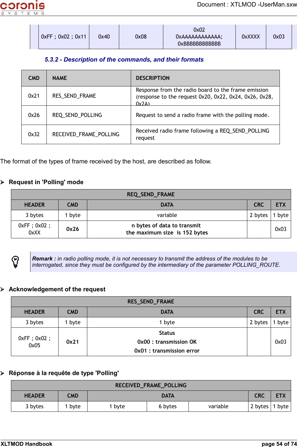 Document : XTLMOD -UserMan.sxw0xFF ; 0x02 ; 0x11 0x40 0x080x020xAAAAAAAAAAAA;0xBBBBBBBBBBBB0xXXXX 0x035.3.2 - Description of the commands, and their formatsCMD NAME DESCRIPTION0x21 RES_SEND_FRAMEResponse from the radio board to the frame emission (response to the request 0x20, 0x22, 0x24, 0x26, 0x28, 0x2A)0x26 REQ_SEND_POLLING Request to send a radio frame with the polling mode.0x32 RECEIVED_FRAME_POLLING Received radio frame following a REQ_SEND_POLLING requestThe format of the types of frame received by the host, are described as follow.➢Request in &apos;Polling&apos; modeREQ_SEND_FRAMEHEADER CMD DATA CRC ETX3 bytes 1 byte variable 2 bytes 1 byte0xFF ; 0x02 ; 0xXX 0x26 n bytes of data to transmit the maximum size  is 152 bytes 0x03Remark : in radio polling mode, it is not necessary to transmit the address of the modules to be interrogated, since they must be configured by the intermediary of the parameter POLLING_ROUTE.➢Acknowledgement of the requestRES_SEND_FRAMEHEADER CMD DATA CRC ETX3 bytes 1 byte 1 byte 2 bytes 1 byte0xFF ; 0x02 ; 0x05 0x21Status0x00 : transmission OK0x01 : transmission error0x03➢Réponse à la requête de type &apos;Polling&apos;RECEIVED_FRAME_POLLINGHEADER CMD DATA CRC ETX3 bytes 1 byte 1 byte 6 bytes variable 2 bytes 1 byteXLTMOD Handbook page 54 of 74