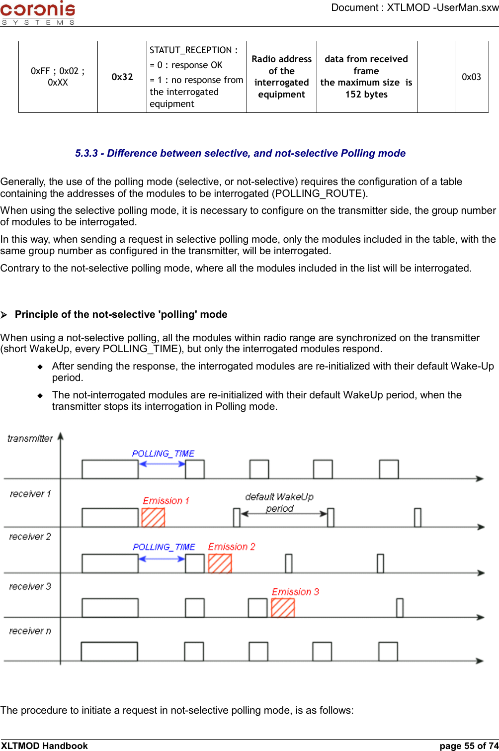 Document : XTLMOD -UserMan.sxw0xFF ; 0x02 ; 0xXX 0x32STATUT_RECEPTION := 0 : response OK= 1 : no response from the interrogated equipmentRadio address of the interrogated equipmentdata from received framethe maximum size  is 152 bytes0x035.3.3 - Difference between selective, and not-selective Polling modeGenerally, the use of the polling mode (selective, or not-selective) requires the configuration of a table containing the addresses of the modules to be interrogated (POLLING_ROUTE). When using the selective polling mode, it is necessary to configure on the transmitter side, the group number of modules to be interrogated. In this way, when sending a request in selective polling mode, only the modules included in the table, with the same group number as configured in the transmitter, will be interrogated. Contrary to the not-selective polling mode, where all the modules included in the list will be interrogated.➢Principle of the not-selective &apos;polling&apos; modeWhen using a not-selective polling, all the modules within radio range are synchronized on the transmitter (short WakeUp, every POLLING_TIME), but only the interrogated modules respond. After sending the response, the interrogated modules are re-initialized with their default Wake-Up period.The not-interrogated modules are re-initialized with their default WakeUp period, when the transmitter stops its interrogation in Polling mode.The procedure to initiate a request in not-selective polling mode, is as follows:XLTMOD Handbook page 55 of 74