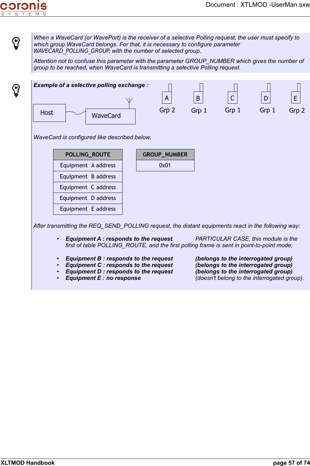 Document : XTLMOD -UserMan.sxwWhen a WaveCard (or WavePort) is the receiver of a selective Polling request, the user must specify to which group WaveCard belongs. For that, it is necessary to configure parameter WAVECARD_POLLING_GROUP, with the number of selected group. Attention not to confuse this parameter with the parameter GROUP_NUMBER which gives the number of group to be reached, when WaveCard is transmitting a selective Polling request.Example of a selective polling exchange : WaveCard is configured like described below,POLLING_ROUTE GROUP_NUMBEREquipment  A address 0x01Equipment  B addressEquipment  C addressEquipment  D addressEquipment  E addressAfter transmitting the REQ_SEND_POLLING request, the distant equipments react in the following way:•Equipment A : responds to the request. PARTICULAR CASE, this module is the first of table POLLING_ROUTE, and the first polling frame is sent in point-to-point mode;•Equipment B : responds to the request  (belongs to the interrogated group)•Equipment C : responds to the request  (belongs to the interrogated group)•Equipment D : responds to the request  (belongs to the interrogated group)•Equipment E : no response (doesn&apos;t belong to the interrogated group).XLTMOD Handbook page 57 of 74Host WaveCardAGrp 2BGrp 1CGrp 1DGrp 1EGrp 2