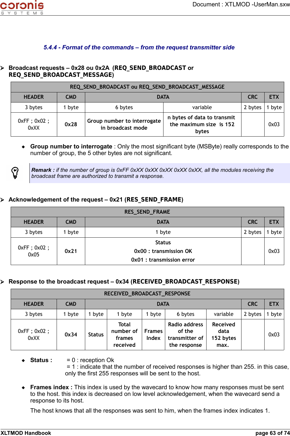 Document : XTLMOD -UserMan.sxw5.4.4 - Format of the commands – from the request transmitter side➢Broadcast requests – 0x28 ou 0x2A  (REQ_SEND_BROADCAST or REQ_SEND_BROADCAST_MESSAGE)REQ_SEND_BROADCAST ou REQ_SEND_BROADCAST_MESSAGEHEADER CMD DATA CRC ETX3 bytes 1 byte 6 bytes variable 2 bytes 1 byte0xFF ; 0x02 ; 0xXX 0x28 Group number to interrogate in broadcast moden bytes of data to transmit the maximum size  is 152 bytes0x03Group number to interrogate : Only the most significant byte (MSByte) really corresponds to the number of group, the 5 other bytes are not significant.Remark : if the number of group is 0xFF 0xXX 0xXX 0xXX 0xXX 0xXX, all the modules receiving the broadcast frame are authorized to transmit a response.➢Acknowledgement of the request – 0x21 (RES_SEND_FRAME)RES_SEND_FRAMEHEADER CMD DATA CRC ETX3 bytes 1 byte 1 byte 2 bytes 1 byte0xFF ; 0x02 ; 0x05 0x21Status0x00 : transmission OK0x01 : transmission error0x03➢Response to the broadcast request – 0x34 (RECEIVED_BROADCAST_RESPONSE)RECEIVED_BROADCAST_RESPONSEHEADER CMD DATA CRC ETX3 bytes 1 byte 1 byte 1 byte 1 byte 6 bytes variable 2 bytes 1 byte0xFF ; 0x02 ; 0xXX 0x34 StatusTotal number of frames receivedFrames IndexRadio address of the transmitter of the responseReceived data152 bytes max. 0x03Status :   = 0 : reception Ok = 1 : indicate that the number of received responses is higher than 255. in this case, only the first 255 responses will be sent to the host.Frames index : This index is used by the wavecard to know how many responses must be sent to the host. this index is decreased on low level acknowledgement, when the wavecard send a response to its host.The host knows that all the responses was sent to him, when the frames index indicates 1.XLTMOD Handbook page 63 of 74