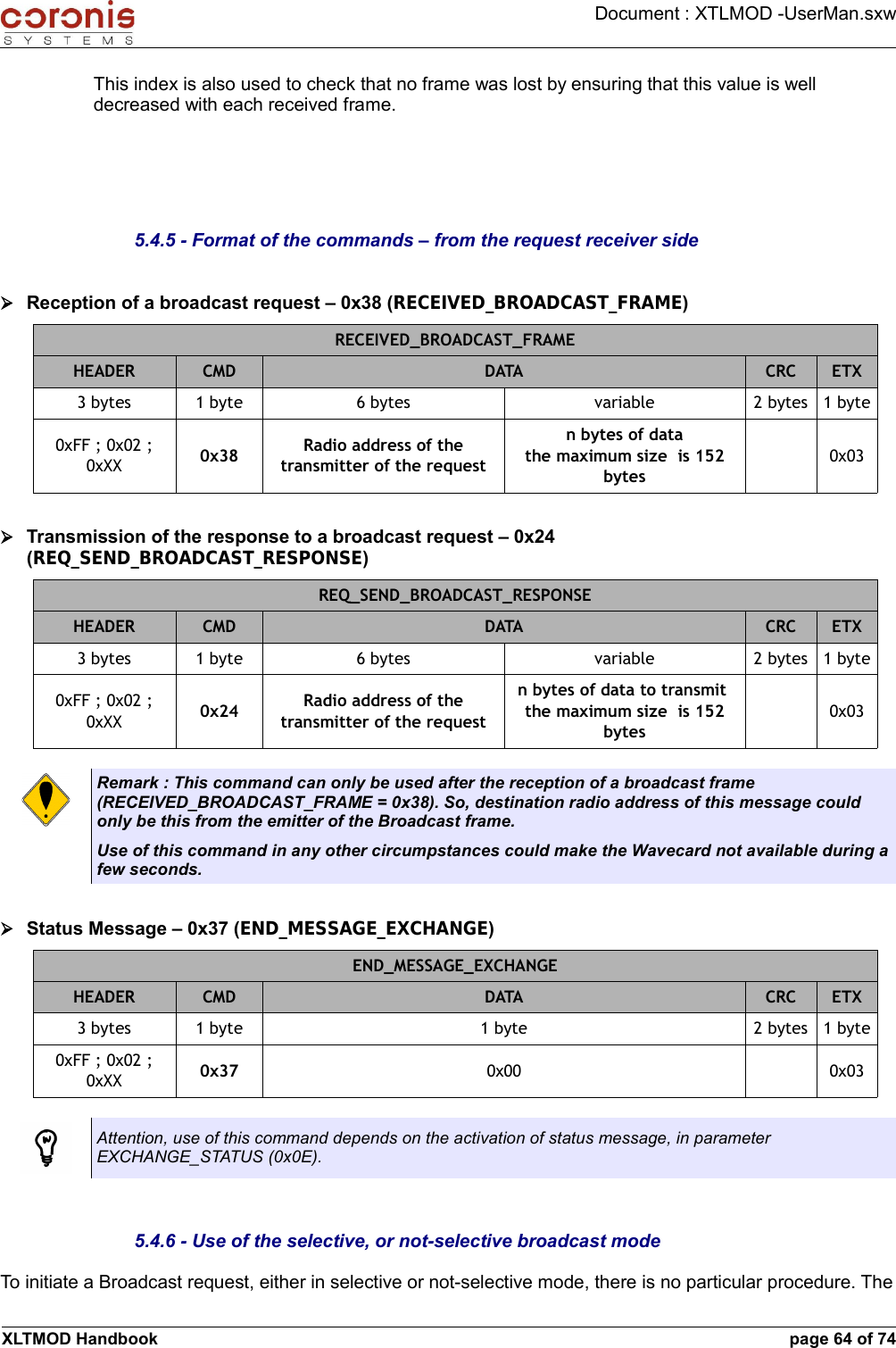 Document : XTLMOD -UserMan.sxwThis index is also used to check that no frame was lost by ensuring that this value is well decreased with each received frame.5.4.5 - Format of the commands – from the request receiver side➢Reception of a broadcast request – 0x38 (RECEIVED_BROADCAST_FRAME)RECEIVED_BROADCAST_FRAMEHEADER CMD DATA CRC ETX3 bytes 1 byte 6 bytes variable 2 bytes 1 byte0xFF ; 0x02 ; 0xXX 0x38 Radio address of the transmitter of the requestn bytes of datathe maximum size  is 152 bytes0x03➢Transmission of the response to a broadcast request – 0x24 (REQ_SEND_BROADCAST_RESPONSE)REQ_SEND_BROADCAST_RESPONSEHEADER CMD DATA CRC ETX3 bytes 1 byte 6 bytes variable 2 bytes 1 byte0xFF ; 0x02 ; 0xXX 0x24 Radio address of the transmitter of the requestn bytes of data to transmit the maximum size  is 152 bytes0x03Remark : This command can only be used after the reception of a broadcast frame (RECEIVED_BROADCAST_FRAME = 0x38). So, destination radio address of this message could only be this from the emitter of the Broadcast frame. Use of this command in any other circumpstances could make the Wavecard not available during a few seconds.➢Status Message – 0x37 (END_MESSAGE_EXCHANGE)END_MESSAGE_EXCHANGEHEADER CMD DATA CRC ETX3 bytes 1 byte 1 byte 2 bytes 1 byte0xFF ; 0x02 ; 0xXX 0x37 0x00 0x03Attention, use of this command depends on the activation of status message, in parameter EXCHANGE_STATUS (0x0E).5.4.6 - Use of the selective, or not-selective broadcast modeTo initiate a Broadcast request, either in selective or not-selective mode, there is no particular procedure. The XLTMOD Handbook page 64 of 74