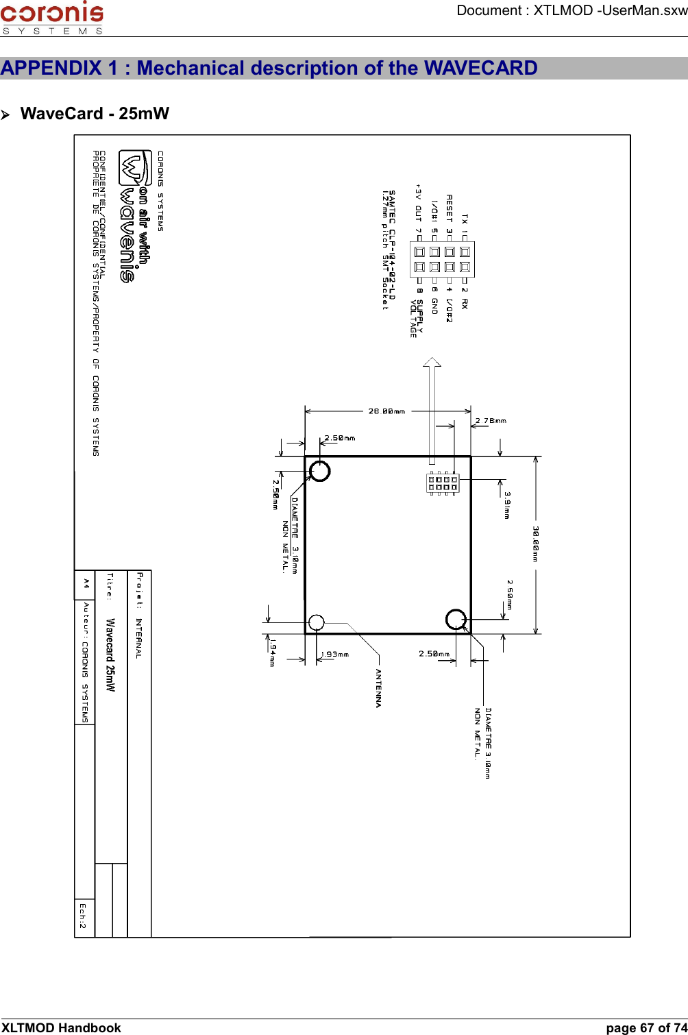 Document : XTLMOD -UserMan.sxwAPPENDIX 1 : Mechanical description of the WAVECARD➢WaveCard - 25mWXLTMOD Handbook page 67 of 74