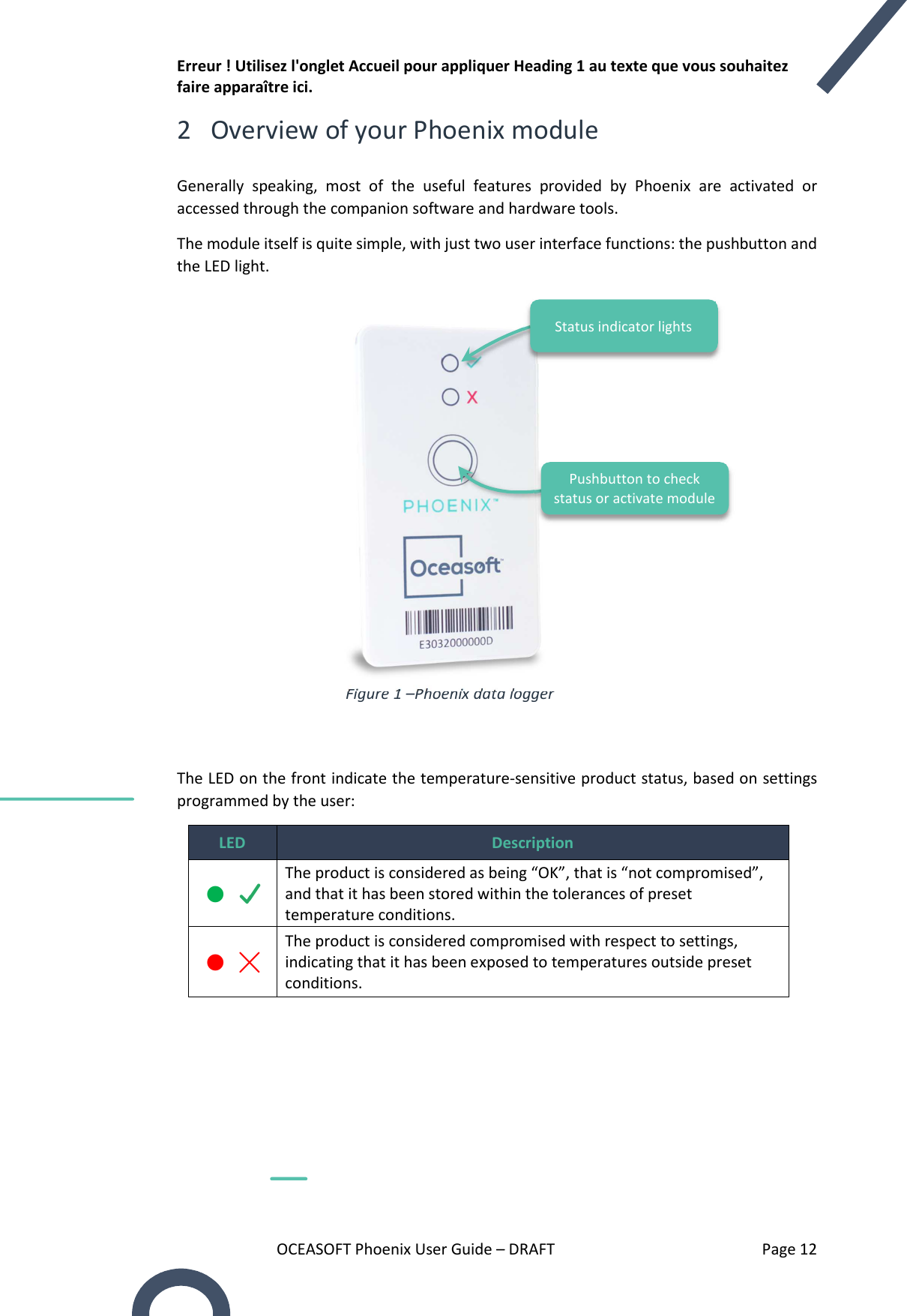 Erreur ! Utilisez l&apos;onglet Accueil pour appliquer Heading 1 au texte que vous souhaitez faire apparaître ici. OCEASOFT Phoenix User Guide – DRAFT    Page 12 2 Overview of your Phoenix module Generally  speaking,  most  of  the  useful  features  provided  by  Phoenix  are  activated  or accessed through the companion software and hardware tools.  The module itself is quite simple, with just two user interface functions: the pushbutton and the LED light.            Figure 1 –Phoenix data logger  The LED on the front indicate the temperature-sensitive product status, based on settings programmed by the user: LED  Description    The product is considered as being “OK”, that is “not compromised”, and that it has been stored within the tolerances of preset temperature conditions.    The product is considered compromised with respect to settings, indicating that it has been exposed to temperatures outside preset conditions.     Pushbutton to check status or activate module Status indicator lights 
