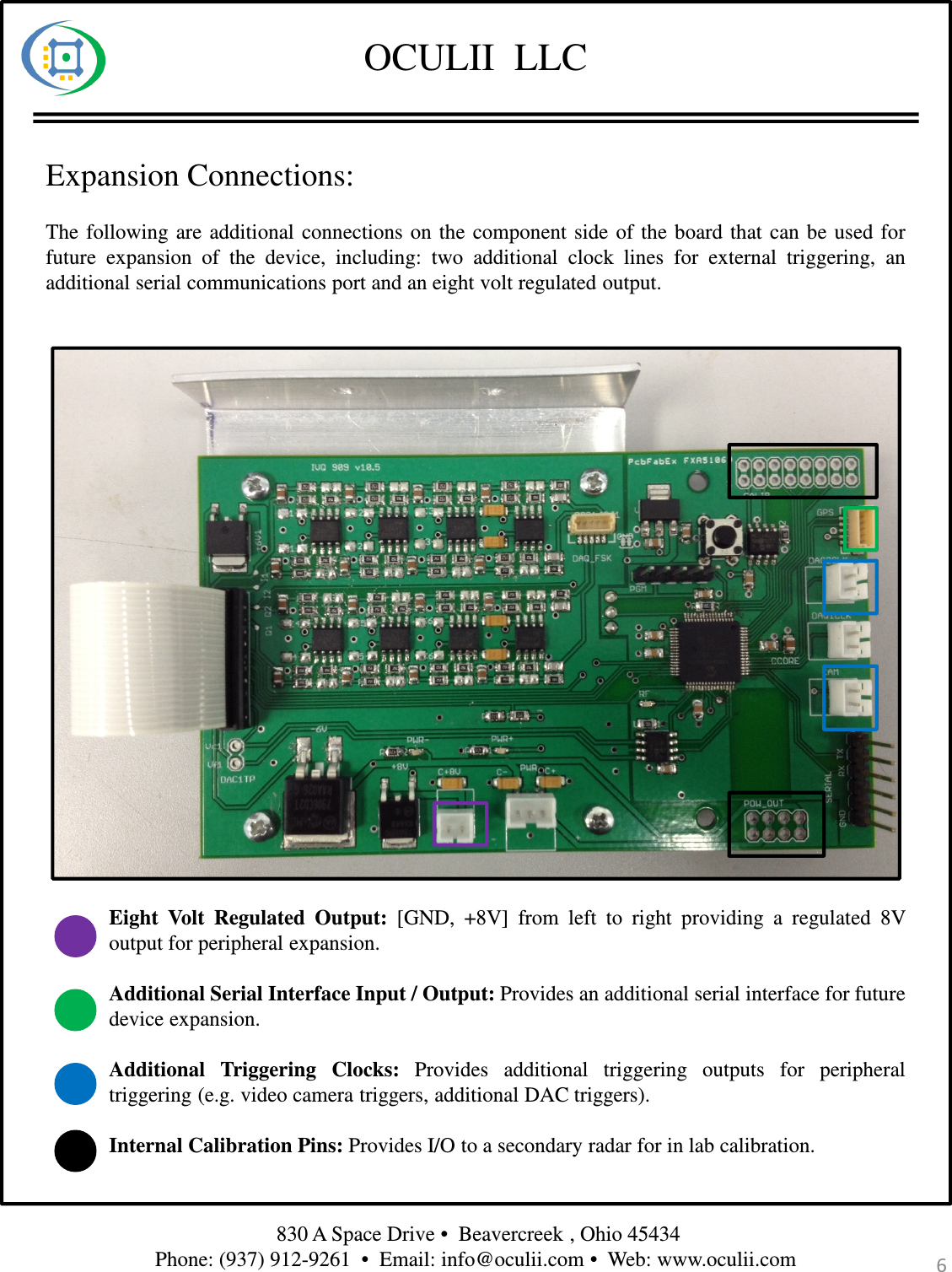 OCULII  LLCExpansion Connections:The following are additional connections on the component side of the board that can be used forfuture expansion of the device, including: two additional clock lines for external triggering, anadditional serial communications port and an eight volt regulated output.Eight Volt Regulated Output: [GND, +8V] from left to right providing a regulated 8Voutput for peripheral expansion.Additional Serial Interface Input / Output: Provides an additional serial interface for futuredevice expansion.Additional Triggering Clocks: Provides additional triggering outputs for peripheraltriggering (e.g. video camera triggers, additional DAC triggers).Internal Calibration Pins: Provides I/O to a secondary radar for in lab calibration.830 A Space Drive •  Beavercreek , Ohio 45434 Phone: (937) 912-9261  •  Email: info@oculii.com •  Web: www.oculii.com  6