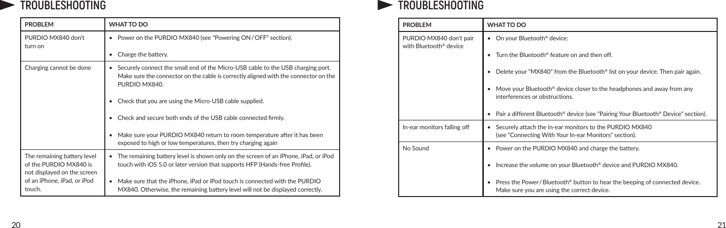 2120TROUBLESHOOTINGPROBLEM  WHAT TO DOPURDIO MX840don’tturn on•  Power on the PURDIO MX840 (see “Powering ON / OFF”secon).• Chargethebaery.Charging cannot be done • SecurelyconnectthesmallendoftheMicro-USBcabletotheUSBchargingport.MakesuretheconnectoronthecableiscorrectlyalignedwiththeconnectoronthePURDIO MX840.• CheckthatyouareusingtheMicro-USBcablesupplied.• CheckandsecurebothendsoftheUSBcableconnectedrmly.• MakesureyourPURDIO MX840returntoroomtemperatureaerithasbeenexposedtohighorlowtemperatures,thentrychargingagainTheremainingbaerylevelofthePURDIO MX840 is notdisplayedonthescreenofaniPhone,iPad,oriPodtouch.• TheremainingbaerylevelisshownonlyonthescreenofaniPhone,iPad,oriPodtouchwithiOS5.0orlaterversionthatsupportsHFP(Hands-freeProle).• MakesurethattheiPhone,iPadoriPodtouchisconnectedwiththePURDIO MX840.Otherwise,theremainingbaerylevelwillnotbedisplayedcorrectly.TROUBLESHOOTINGPROBLEM  WHAT TO DOPURDIO MX840don’tpairwith Bluetooth® device• OnyourBluetooth® device:•  Turn the Bluetooth®featureonandthenoff.• Deleteyour“MX840”fromtheBluetooth®listonyourdevice.Thenpairagain.• MoveyourBluetooth®deviceclosertotheheadphonesandawayfromanyinterferencesorobstructions.• PairadifferentBluetooth®device(see“PairingYourBluetooth®Device”section).In-earmonitorsfallingo • Securelyattachthein-earmonitorstothePURDIO MX840 (see“ConnectingWithYourIn-earMonitors”section).No Sound •  Power on the PURDIO MX840andchargethebattery.• IncreasethevolumeonyourBluetooth® device and PURDIO MX840.•  Press the Power / Bluetooth®buttontohearthebeepingofconnecteddevice. Makesureyouareusingthecorrectdevice.