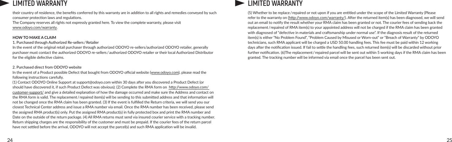 2524LIMITED WARRANTYtheircountryofresidence,thebenetsconferredbythiswarrantyareinaddiontoallrightsandremediesconveyedbysuchconsumerproteconlawsandregulaons.TheCompanyreservesallrightsnotexpresslygrantedhere.Toviewthecompletewarranty,pleasevisit www.odoyo.com/warranty.HOW TO MAKE A CLAIM1. Purchased through Authorized Re-sellers / RetailerIntheeventoftheoriginalretailpurchaserthroughauthorizedODOYOre-sellers/authorizedODOYOretailer,generallypurchasermustcontacttheauthorizedODOYOre-sellers / authorizedODOYOretailerortheirlocalAuthorizedDistributorfortheeligibledefecveclaims.2. Purchased direct from ODOYO websiteIntheeventofaProductpossibleDefectthatboughtfromODOYOocialwebsite(www.odoyo.com),pleasereadthefollowinginstruconscarefully.(1)ContactODOYOOnlineSupportatsupport@odoyo.comwithin30daysaeryoudiscoveredaProductDefect(orshouldhavediscoveredit,ifsuchProductDefectwasobvious);(2)CompletetheRMAformonhp://www.odoyo.com/customer-support/andgiveadetailedexplanaonofhowthedamageoccurredandmakesuretheAddressandcontactontheRMAformisvalid.Thereplacement / repaireditem(s)willbesendingtothissubmiedaddressandthatinformaonwillnotbechangedoncetheRMAclaimhasbeengranted.(3)IftheeventisfullledtheReturncriteria,wewillsendyouourclosestTechnicalCenteraddressandissueaRMAnumberviaemail.OncetheRMAnumberhasbeenreceived,pleasesendtheassignedRMAproduct(s)only.PuttheassignedRMAproduct(s)infullyprotectedboxandprinttheRMAnumberandDateontheoutsideofthereturnpackage.(4)AllRMAreturnsmustsendviainsuredcourierservicewithatrackingnumber.Returnshippingchargesaretheresponsibilityofthecustomerandmustbeprepaid.Ifthecourierfeesofthereturnparcelhavenotseledbeforethearrival,ODOYOwillnotaccepttheparcel(s)andsuchRMAapplicaonwillbeinvalid.(5)Whethertobereplace / repairedornotuponifyouareentledunderthescopeoftheLimitedWarranty(Pleaserefertothewarrantyon(hp://www.odoyo.com/warranty/).Aerthereturneditem(s)hasbeendiagnosed,wewillsendoutanemailtonofytheresultwhetheryourRMAclaimhasbeengrantedornot.Thecourierfeesofsendingbackthereplacement / repairedofRMAitem(s)toyourappointedaddresswillnotbechargediftheRMAclaimhasbeengrantedwithdiagnosedof“defecveinmaterialsandcrasmanshipundernormaluse”.Ifthediagnosisresultofthereturneditem(s)iseither“NoProblemFound”,“ProblemCausedbyMisusedorWorn-out”or“BreachofWarranty”byODOYOtechnicians,suchRMAapplicantwillbechargedaUSD50.00handlingfees.Thisfeemustbepaidwithin12workingdaysaerthenocaonissued.Iffailtoselethehandlingfees,suchreturneditem(s)willbediscardedwithoutpriorfurthernocaon.(6)Thereplacement / repairedparcelwillbesentoutwithin5workingdaysiftheRMAclaimhasbeengranted.Thetrackingnumberwillbeinformedviaemailoncetheparcelhasbeensentout.LIMITED WARRANTY