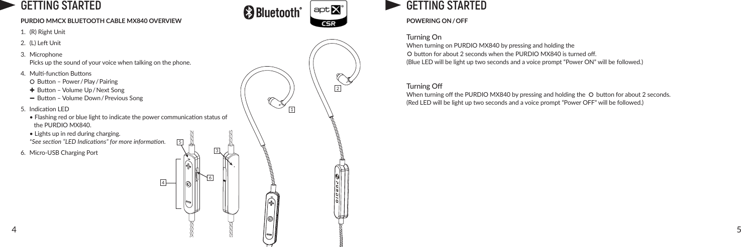 54GETTING STARTEDPURDIO MMCX BLUETOOTH CABLE MX840 OVERVIEW1. (R) Right Unit2. (L)LeUnit3. Microphone  Picksupthesoundofyourvoicewhentalkingonthephone.4. Mul-funconBuons  Buon–Power / Play / Pairing  Buon–VolumeUp / NextSong  Buon–VolumeDown / PreviousSong5. IndicaonLED  •Flashingredorbluelighttoindicatethepowercommunicaonstatusof    the PURDIO MX840.  •Lightsupinredduringcharging.  *See secon “LED Indicaons” for more informaon.6. Micro-USBChargingPort241365POWERING ON / OFFTurning OnWhenturningonPURDIO MX840bypressingandholdingthebuonforabout2secondswhenthePURDIO MX840isturnedo.(BlueLEDwillbelightuptwosecondsandavoiceprompt“PowerON”willbefollowed.)Turning OWhenturningothePURDIO MX840bypressingandholdingthebuonforabout2seconds.(Red LEDwillbelightuptwosecondsandavoiceprompt“PowerOFF”willbefollowed.)GETTING STARTEDRL