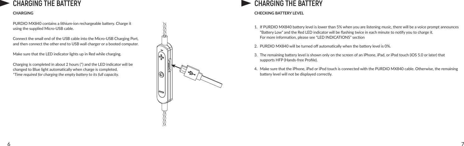 76CHARGING THE BATTERYCHARGINGPURDIO MX840containsalithium-ionrechargeablebaery.ChargeitusingthesuppliedMicro-USBcable.ConnectthesmallendoftheUSBcableintotheMicro-USBChargingPort,andthenconnecttheotherendtoUSBwallchargerorabootedcomputer.MakesurethattheLEDindicatorlightsupinRedwhilecharging.Chargingiscompletedinabout2hours(*)andtheLEDindicatorwillbechangedtoBluelightautomacallywhenchargeiscompleted.*Time required for charging the empty baery to its full capacity.CHARGING THE BATTERYCHECKING BATTERY LEVEL1. IfPURDIO MX840baerylevelislowerthan5%whenyouarelisteningmusic,therewillbeavoicepromptannounces“BaeryLow”andtheRedLEDindicatorwillbeashingtwiceineachminutetonofyyoutochargeit. Formoreinformaon,pleasesee“LEDINDICATIONS”secon2. PURDIO MX840willbeturnedoautomacallywhenthebaerylevelis0%.3. TheremainingbaerylevelisshownonlyonthescreenofaniPhone,iPad,oriPodtouch(iOS5.0orlater)thatsupportsHFP(Hands-freeProle).4. MakesurethattheiPhone,iPadoriPodtouchisconnectedwiththePURDIO MX840cable.Otherwise,theremainingbaerylevelwillnotbedisplayedcorrectly.