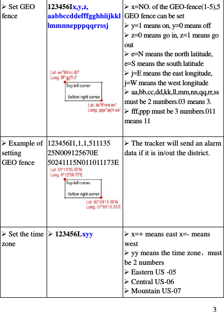  3  Set GEO fence 123456Ix,y,z, aabbccddefffgghhiijkkllmmnnepppqqrrssj    x=NO. of the GEO-fence(1-5),5 GEO fence can be set  y=1 means on, y=0 means off  z=0 means go in, z=1 means go out  e=N means the north latitude, e=S means the south latitude  j=E means the east longitude, j=W means the west longitude  aa,bb,cc,dd,kk,ll,mm,nn,qq,rr,ss must be 2 numbers.03 means 3.  fff,ppp must be 3 numbers.011 means 11   Example of setting     GEO fence 123456I1,1,1,511135 25N009125670E 50241115N011011173E   The tracker will send an alarm data if it is in/out the district.  Set the time zone  123456Lxyy  x=+ means east x=- means west  yy means the time zone，must be 2 numbers  Eastern US -05  Central US-06  Mountain US-07 