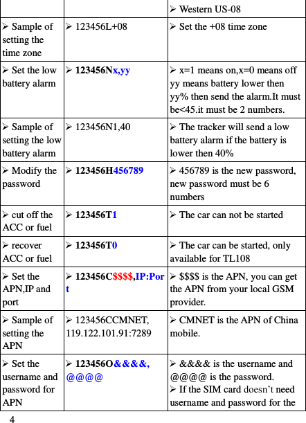  4  Western US-08  Sample of setting the time zone  123456L+08  Set the +08 time zone  Set the low battery alarm  123456Nx,yy  x=1 means on,x=0 means off yy means battery lower then yy% then send the alarm.It must be<45.it must be 2 numbers.  Sample of setting the low battery alarm  123456N1,40  The tracker will send a low battery alarm if the battery is lower then 40%  Modify the password  123456H456789  456789 is the new password, new password must be 6 numbers  cut off the ACC or fuel  123456T1  The car can not be started  recover ACC or fuel  123456T0  The car can be started, only available for TL108  Set the APN,IP and port  123456C$$$$,IP:Port  $$$$ is the APN, you can get the APN from your local GSM provider.  Sample of setting the APN  123456CCMNET, 119.122.101.91:7289  CMNET is the APN of China mobile.  Set the username and password for APN  123456O&amp;&amp;&amp;&amp;, @@@@  &amp;&amp;&amp;&amp; is the username and @@@@ is the password.  If the SIM card doesn‟t need username and password for the 