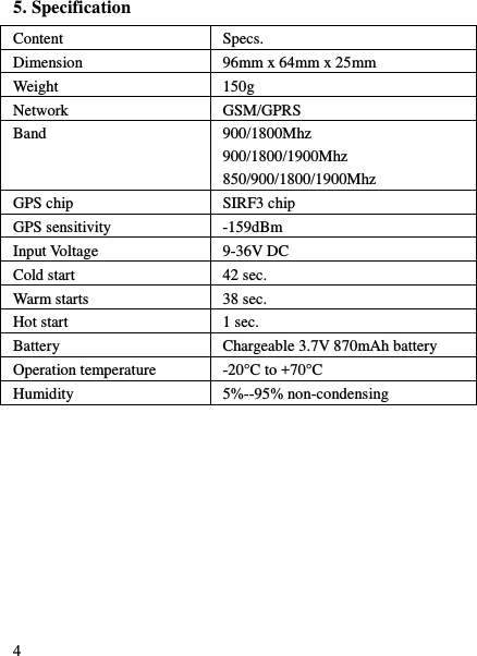  4 5. Specification Content Specs. Dimension 96mm x 64mm x 25mm Weight 150g Network GSM/GPRS Band 900/1800Mhz 900/1800/1900Mhz   850/900/1800/1900Mhz GPS chip SIRF3 chip GPS sensitivity -159dBm Input Voltage 9-36V DC Cold start 42 sec. Warm starts 38 sec. Hot start 1 sec. Battery Chargeable 3.7V 870mAh battery Operation temperature -20&deg;C to +70&deg;C Humidity 5%--95% non-condensing      
