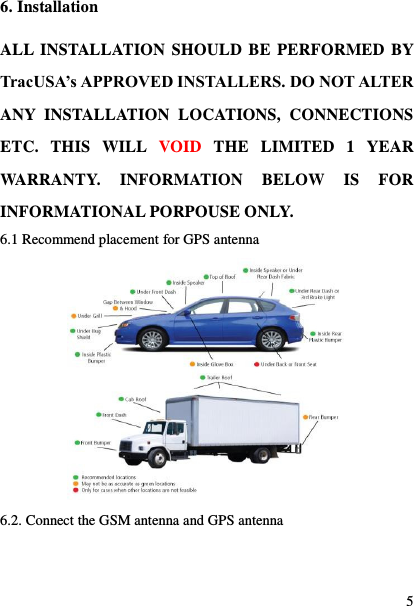  5 6. Installation ALL INSTALLATION SHOULD BE PERFORMED BY TracUSA&rsquo;s APPROVED INSTALLERS. DO NOT ALTER ANY  INSTALLATION  LOCATIONS,  CONNECTIONS ETC.  THIS  WILL  VOID  THE  LIMITED  1  YEAR WARRANTY.  INFORMATION  BELOW  IS  FOR INFORMATIONAL PORPOUSE ONLY.   6.1 Recommend placement for GPS antenna  6.2. Connect the GSM antenna and GPS antenna 